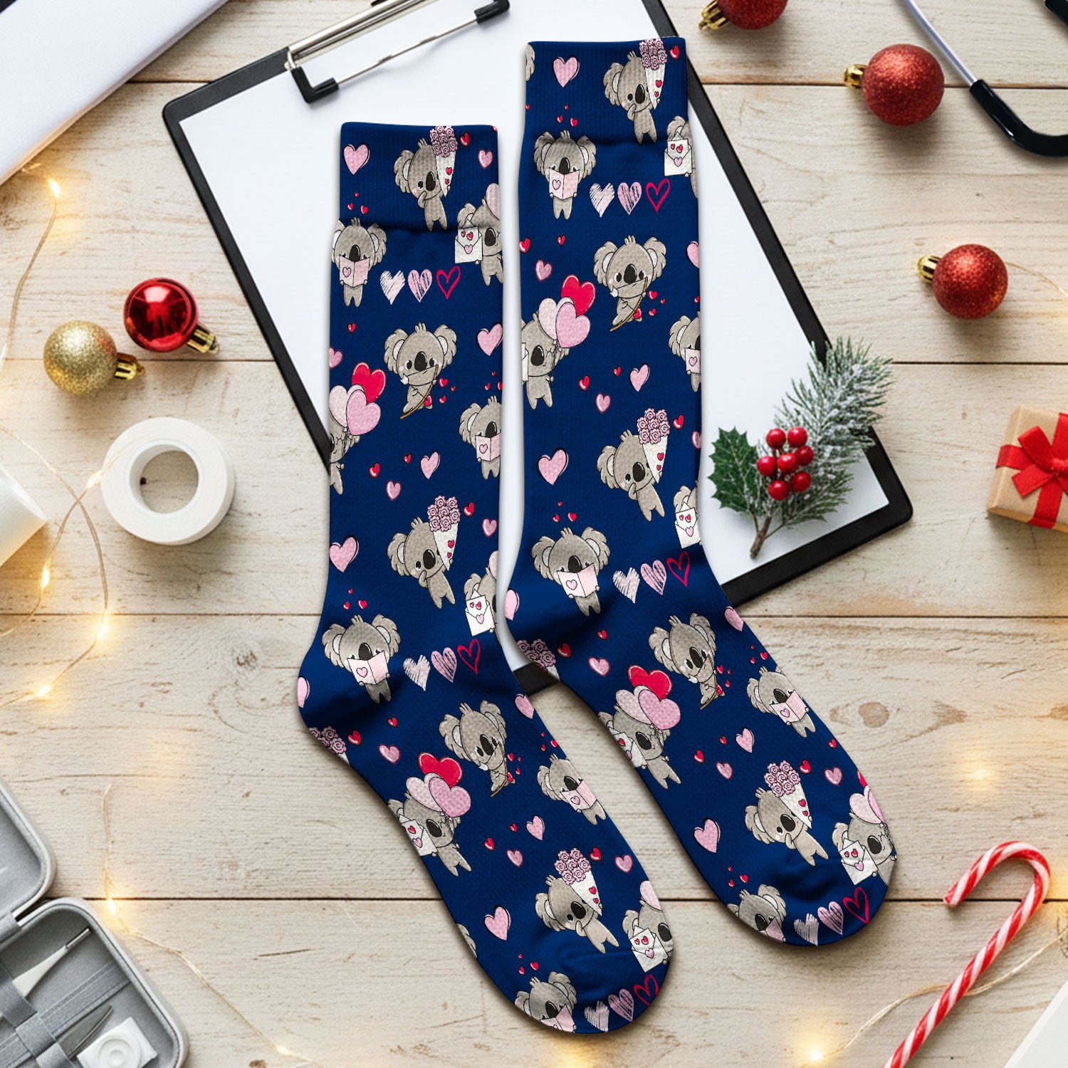 Valentine Koala Holding Flowers Cute Print Socks, Adult Socks for Men and Women
