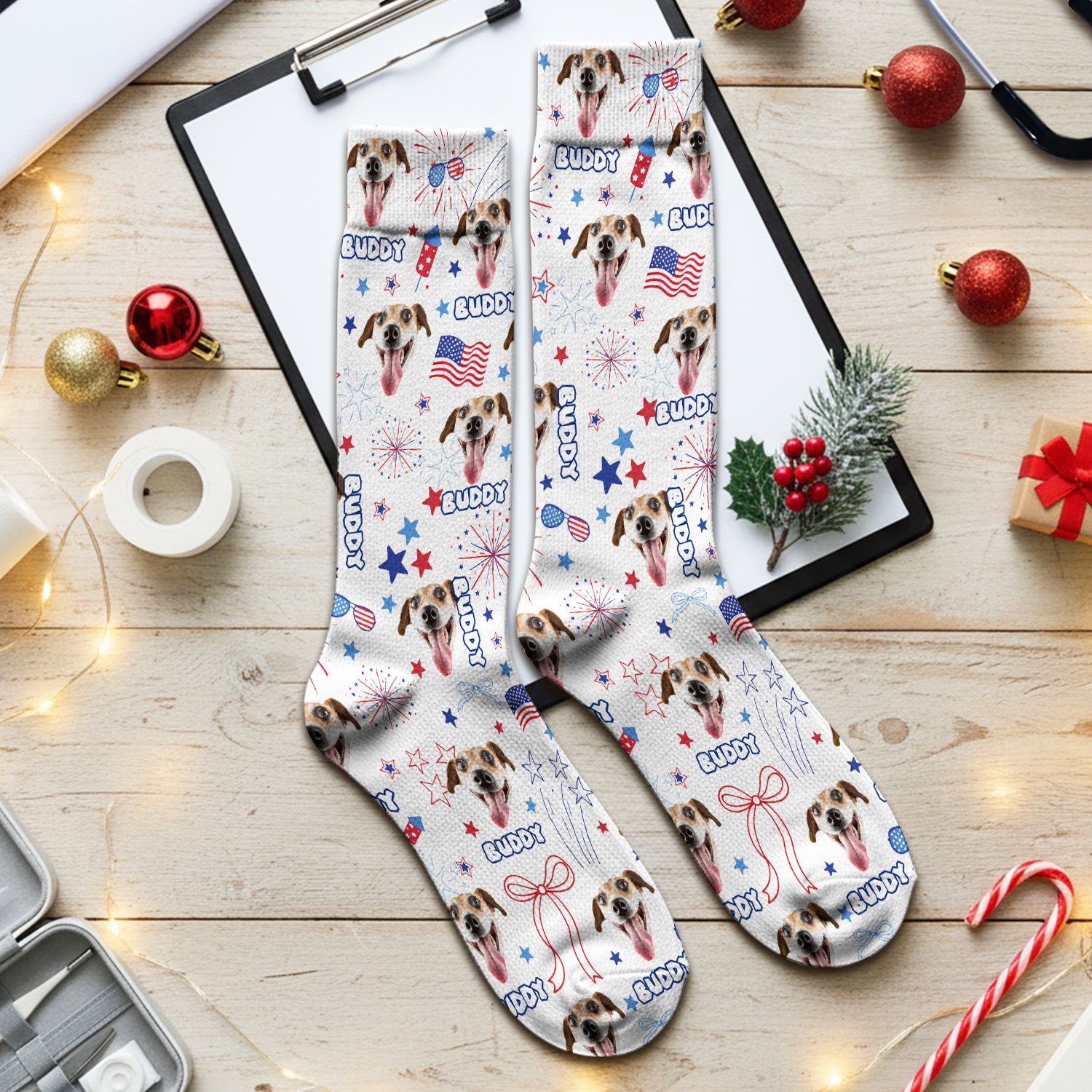 Personalized Patriotic Dog Face Name Pattern Socks, Adult Socks for Men and Women