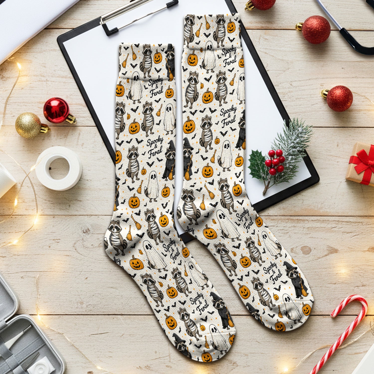 Spooky And Feral Halloween Raccoon Socks, Adult Socks for Men and Women