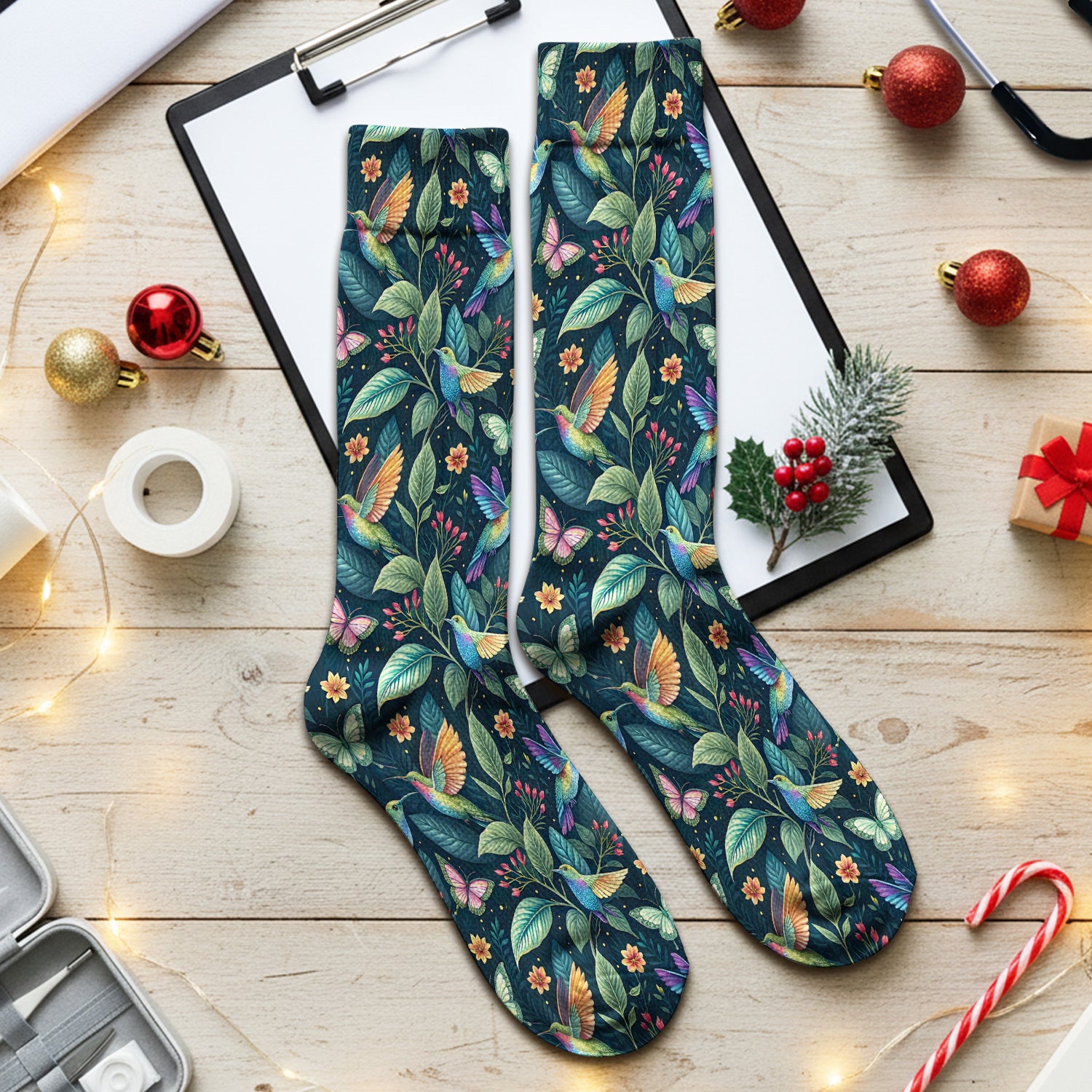 Vibrant Hummingbird Garden Nurse for RN, CNA, Botanical Medical Socks, Adult Socks for Men and Women