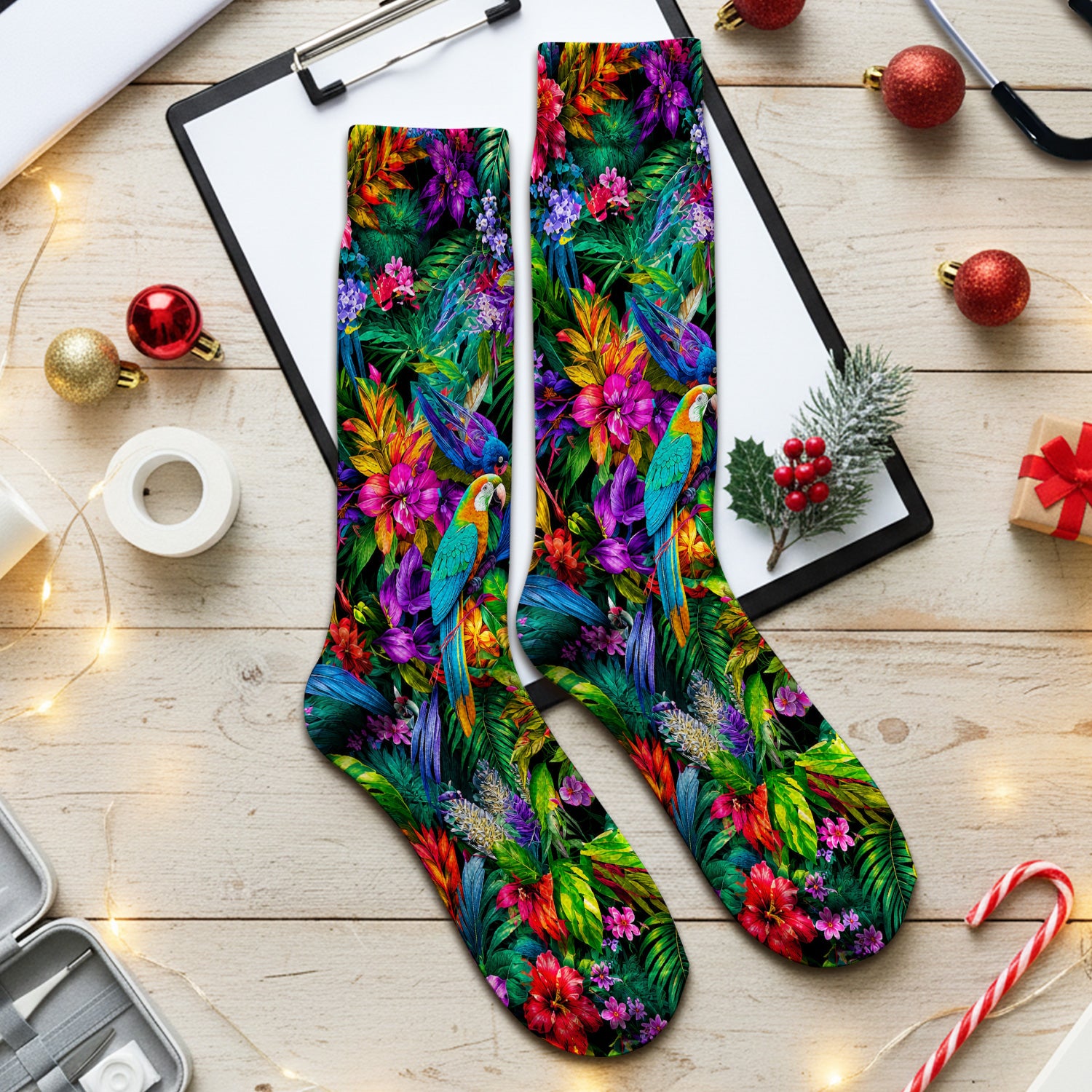 Tropical Parrot Jungle Blossom Pattern Socks, Adult Socks for Men and Women