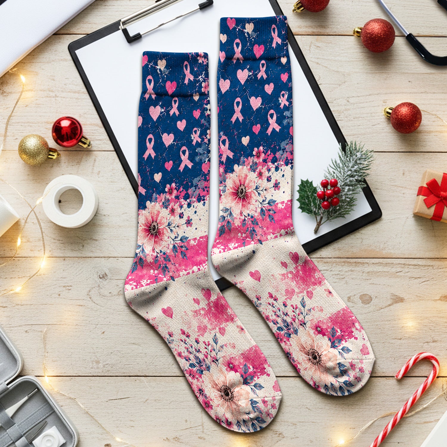 Breast Cancer Floral Flag Socks, Adult Socks for Men and Women