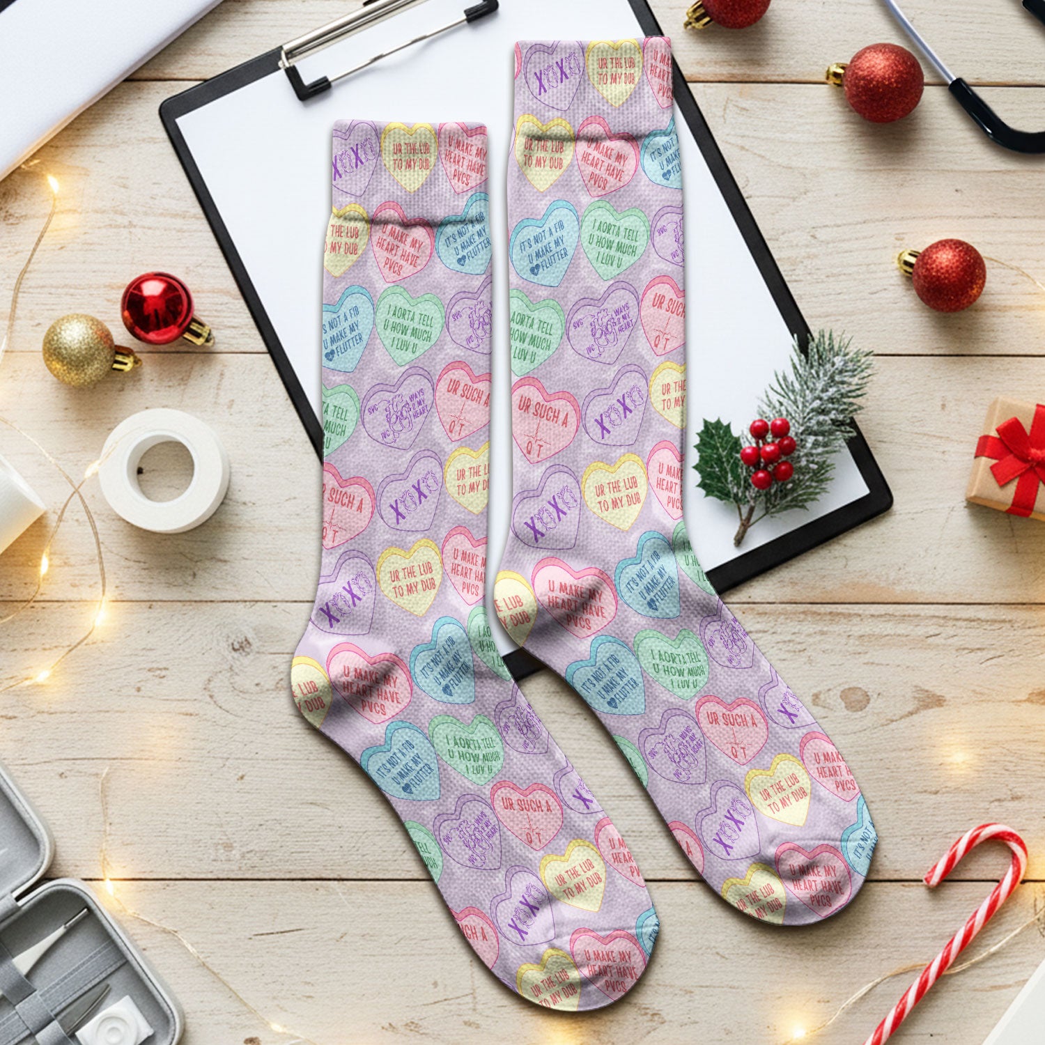 Medical Candy Heart Valentine Pattern Socks, Fun Medical Pattern, Adult Socks for Men and Women