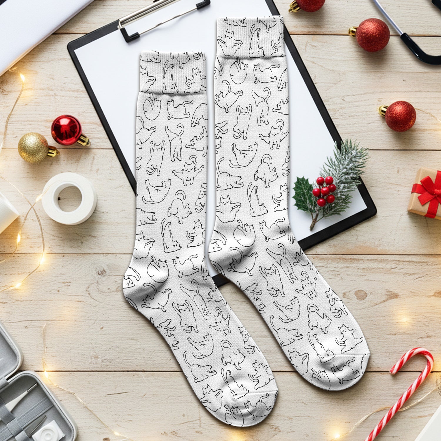 Cute Cat Outline Playing Pattern Socks, Breathable Fabrics Medical Uniform