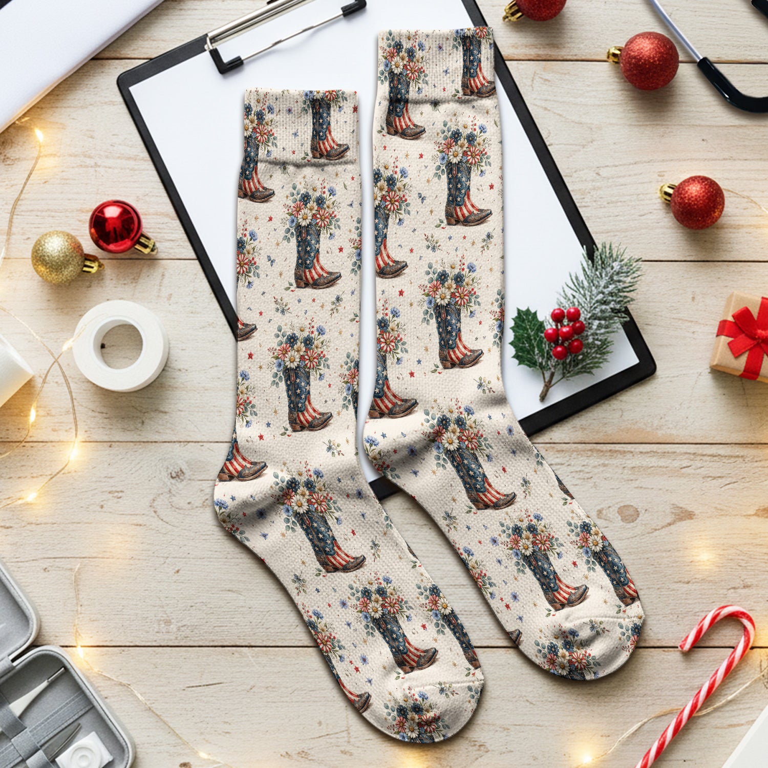 Festive Patriotic Cowboy Boots Flower Pattern Socks, Adult Socks for Men and Women
