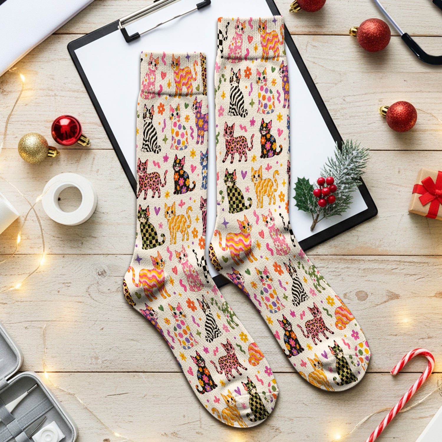 Colorful Cat with Floral Print Socks, Adult Socks for Men and Women