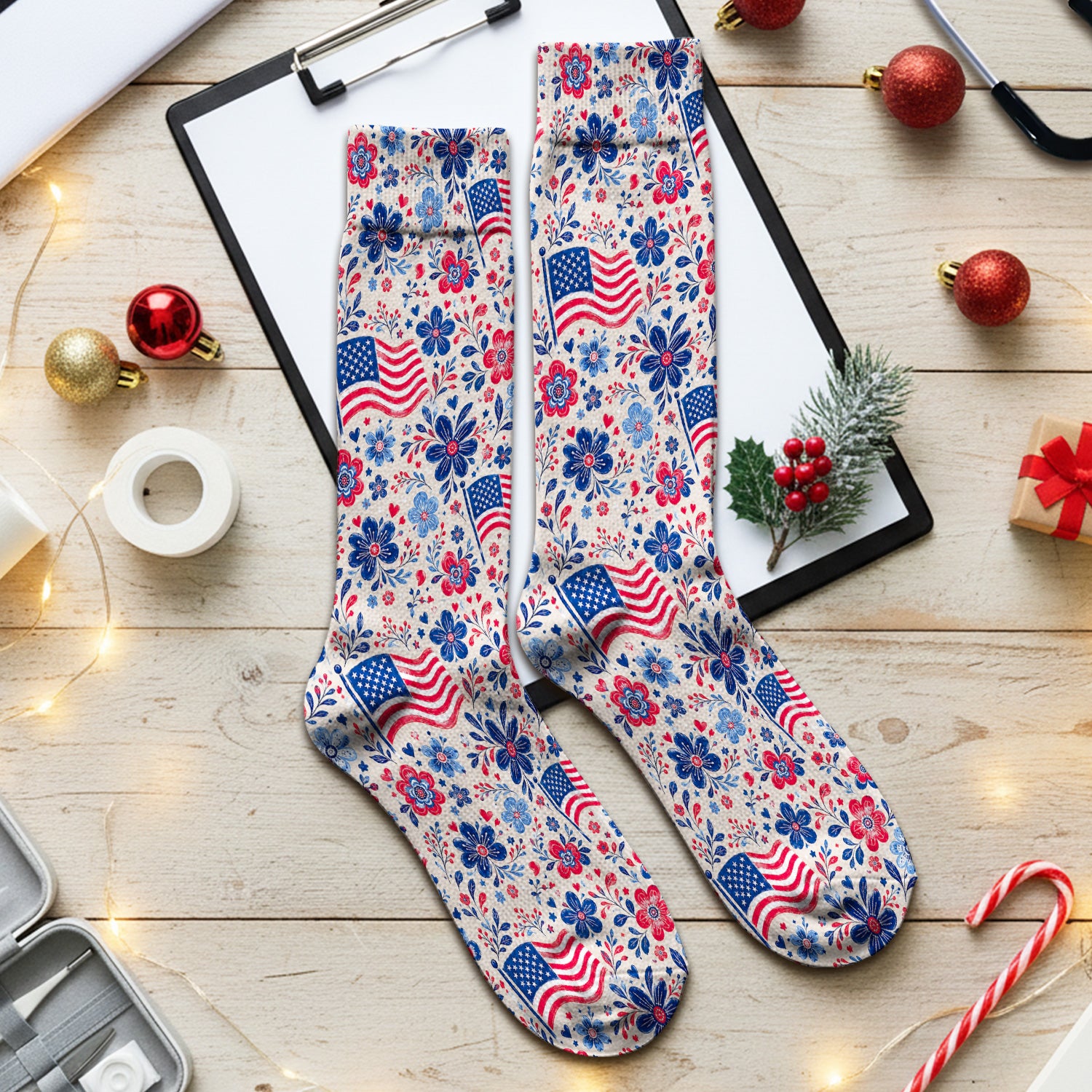 Patriotic Flag Floral Nurse Pattern Socks, Adult Socks for Men and Women