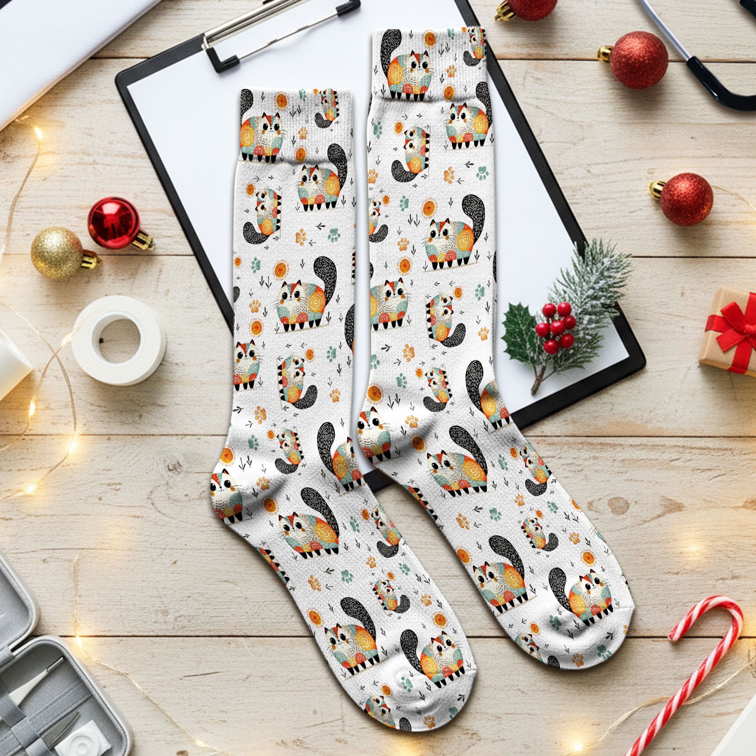 Playful Cat Illustration Medical Socks, Socks for Nurse Doctor