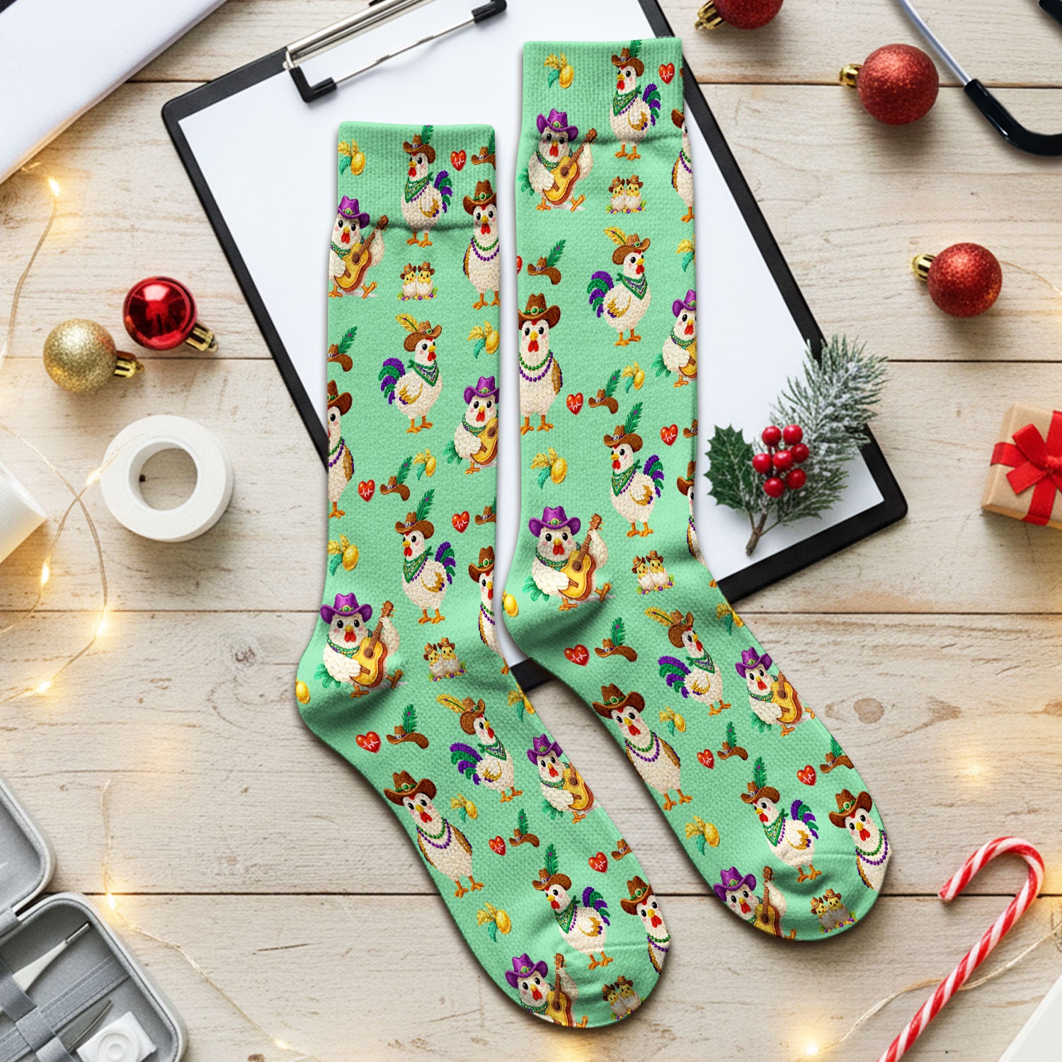 Funny Mardi Gras Rooster Cowboy Print Medical Socks, Socks for Nurse Doctor