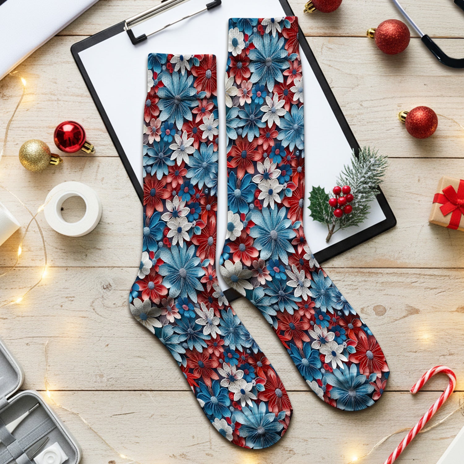 Patriotic 3D Floral Nurse for RN & CNA, Red Blue White Healthcare Workers Uniform Socks, Adult Socks for Men and Women