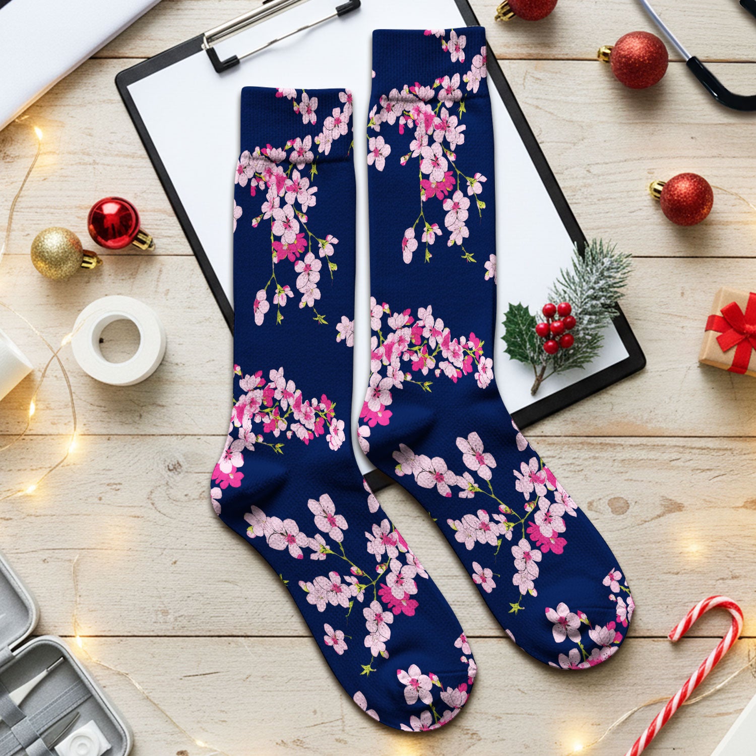 Elegant Cherry Blossom Floral Pattern Socks, Breathable Fabrics Medical Uniform