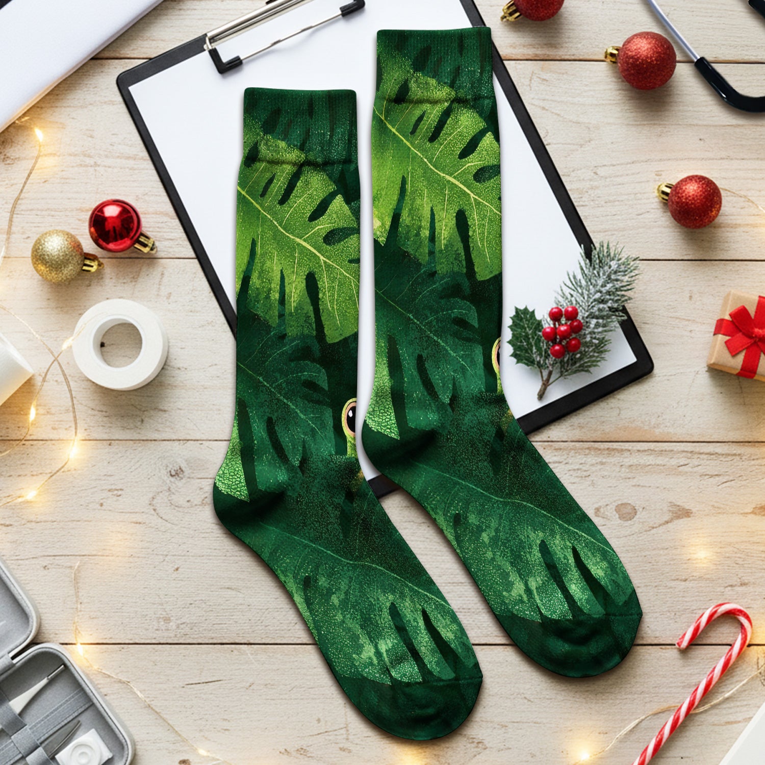 Cute Frog Hiding Jungle Leaves Pattern Nurse Socks, Adult Socks for Men and Women