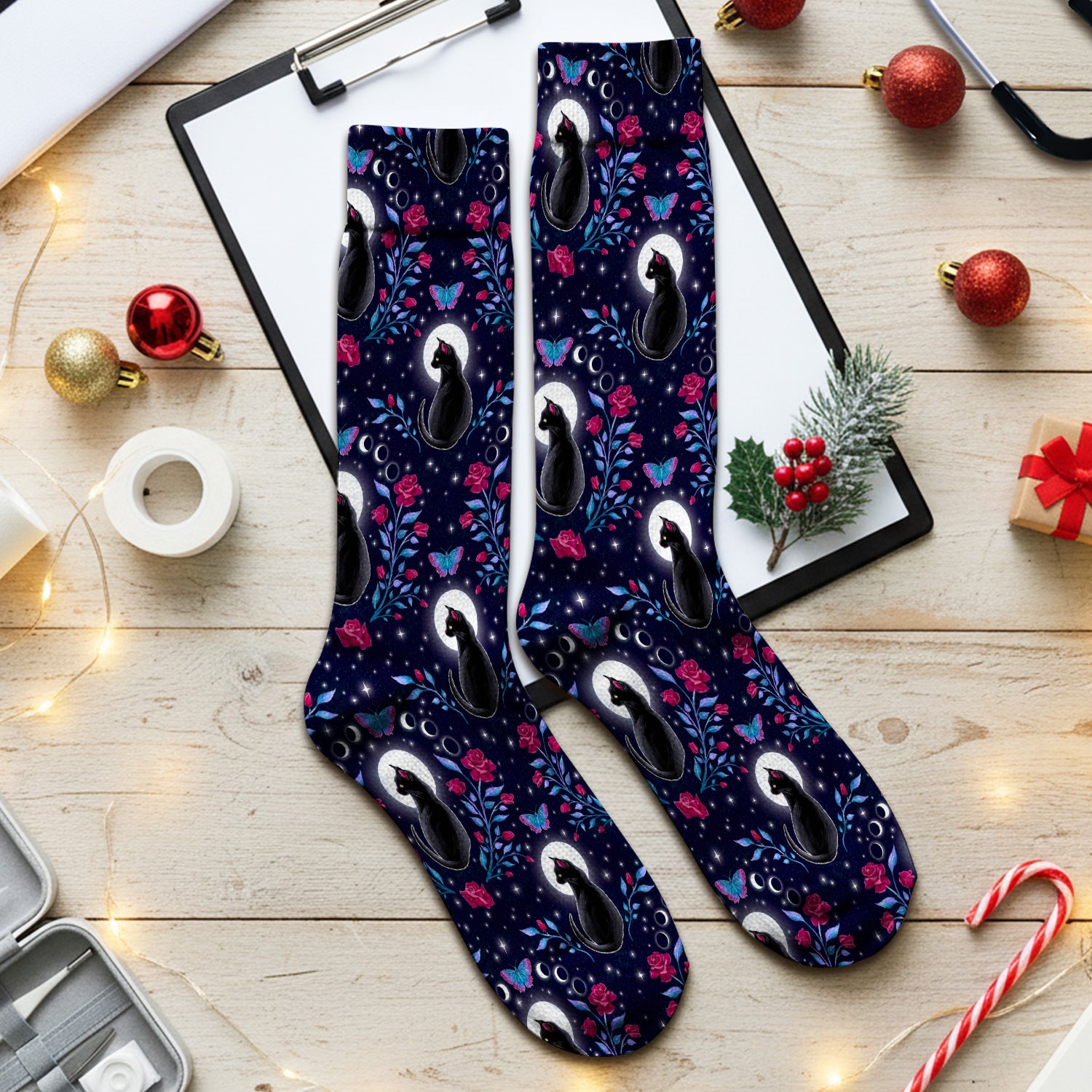 Black Cat Moon Rose Print Socks, Adult Socks for Men and Women