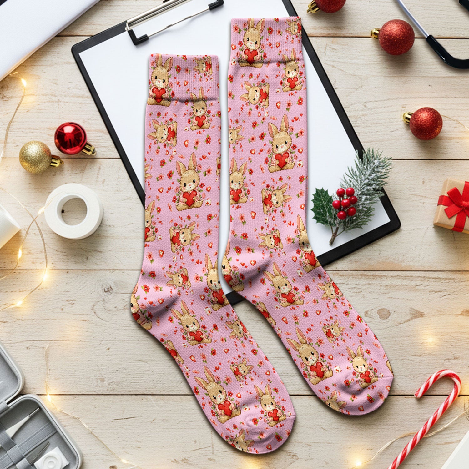 Adorable Bunny Heart Healthcare Design Socks, Adult Socks for Men and Women