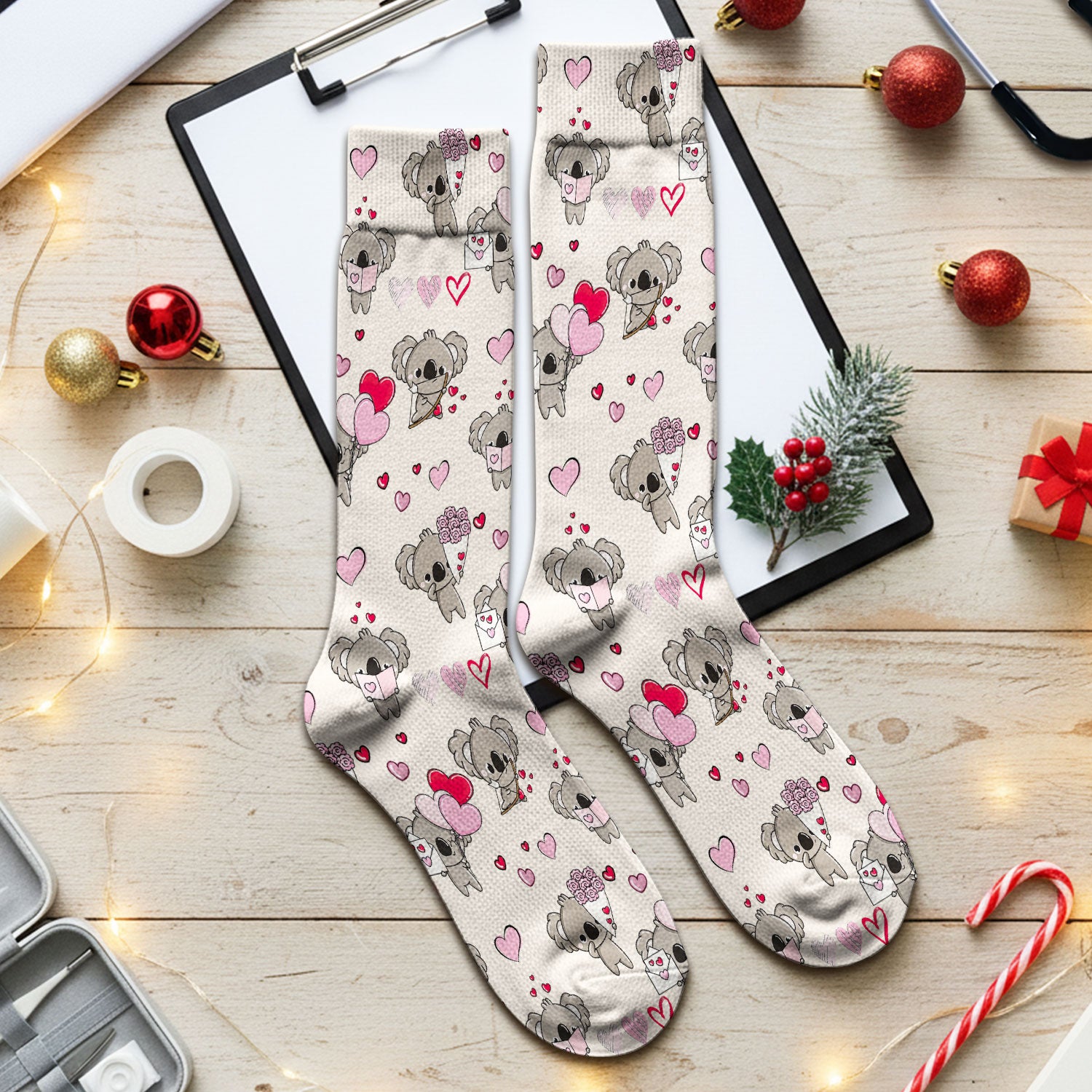 Valentine Koala Holding Flowers Cute Print Socks, Adult Socks for Men and Women