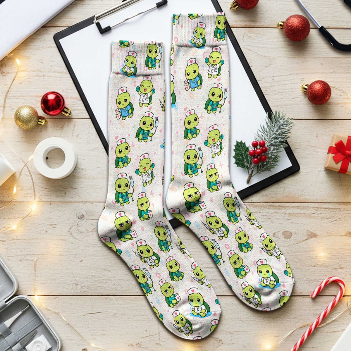 Cute Nurse Turtle Medical Icons Socks, Adult Socks for Men and Women