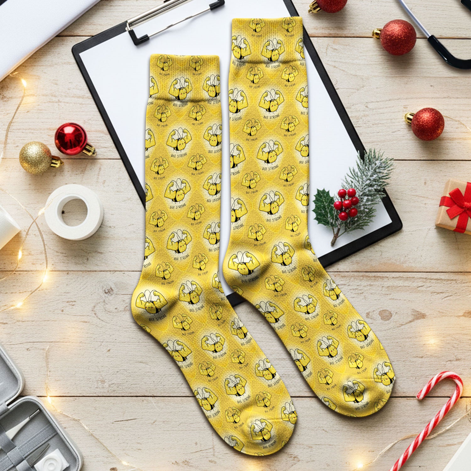 Bee Strong Honey Bee Pattern Print Socks, Socks for Nurse Doctor