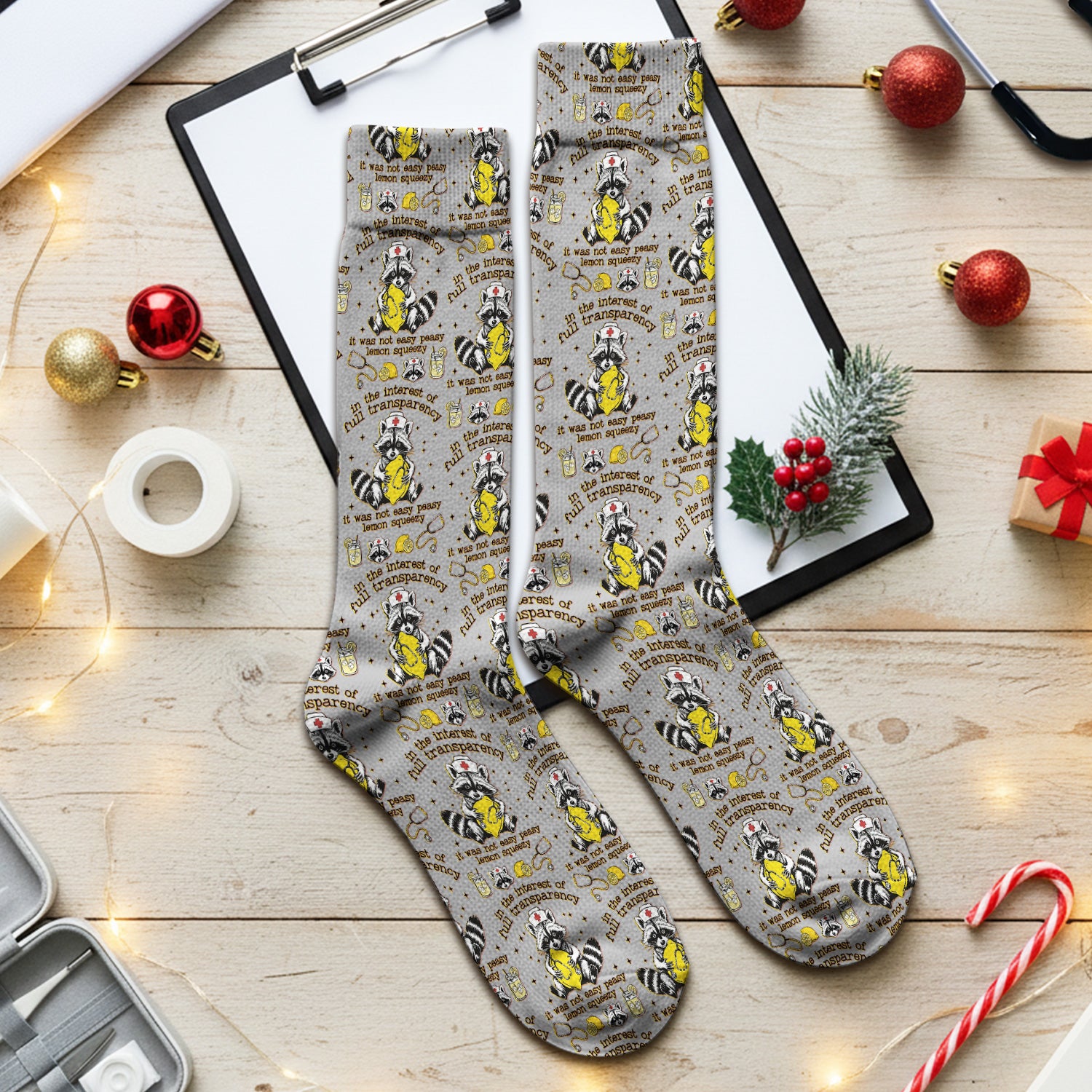 Raccoon Lemon Quote Medical Humor Pattern Socks, Breathable Fabrics Medical Uniform