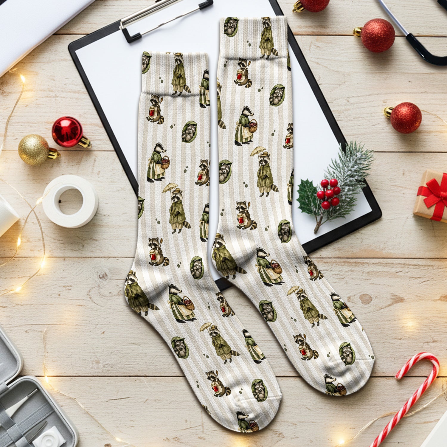 Cute Woodland Raccoon Print Socks, Adult Socks for Men and Women