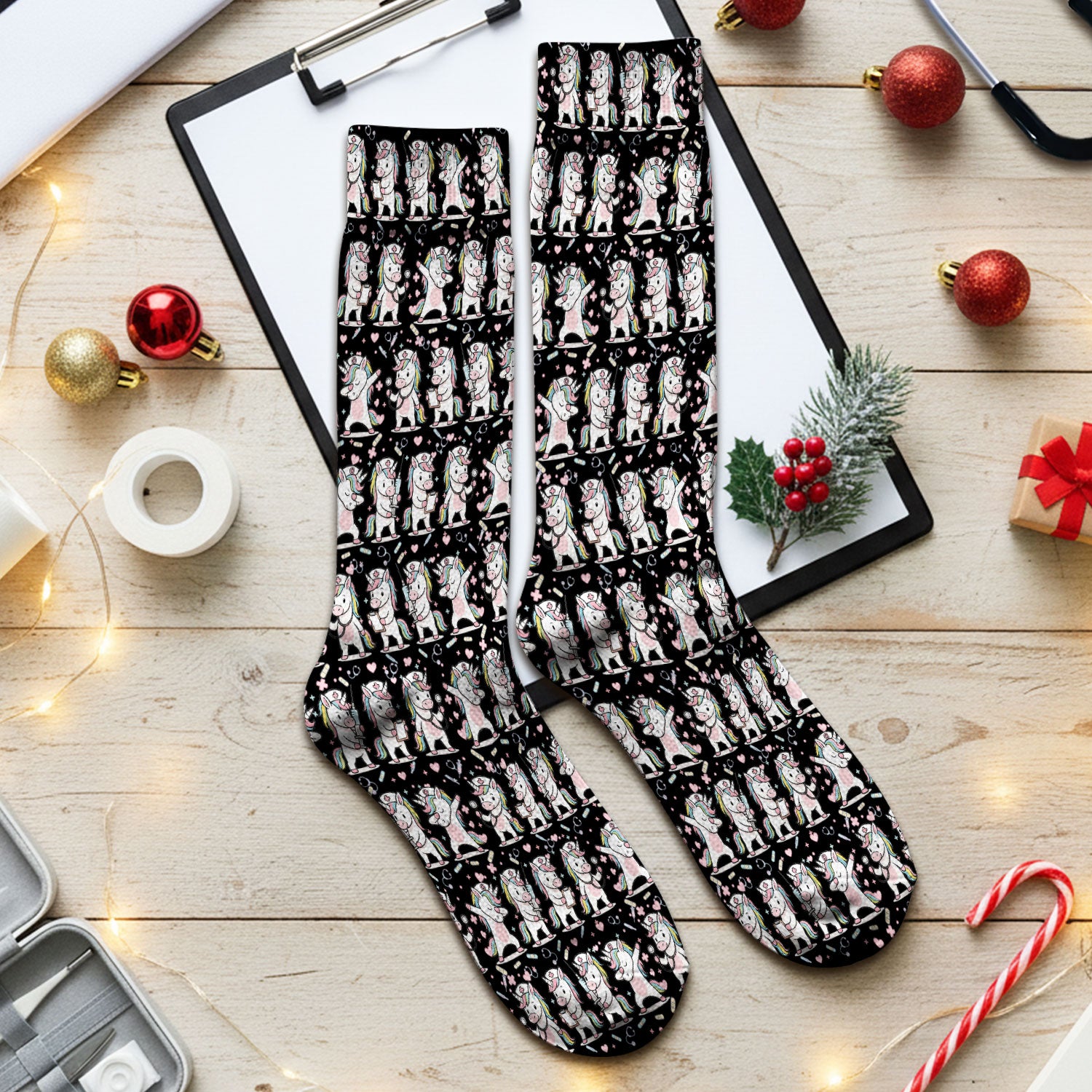 Cute Unicorn Nurse Scrub Socks, Playful Medical Cartoon Nursing Sock, Breathable Fabrics Nurse Uniform