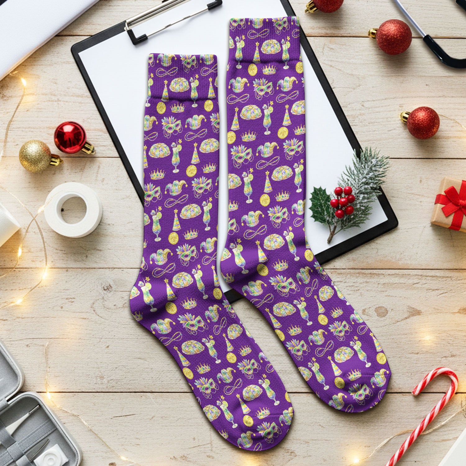Mardi Gras Mask Scrub Socks, Elegant Carnival Pattern Nurse Sock For Women, Breathable Fabrics Nursing Uniform