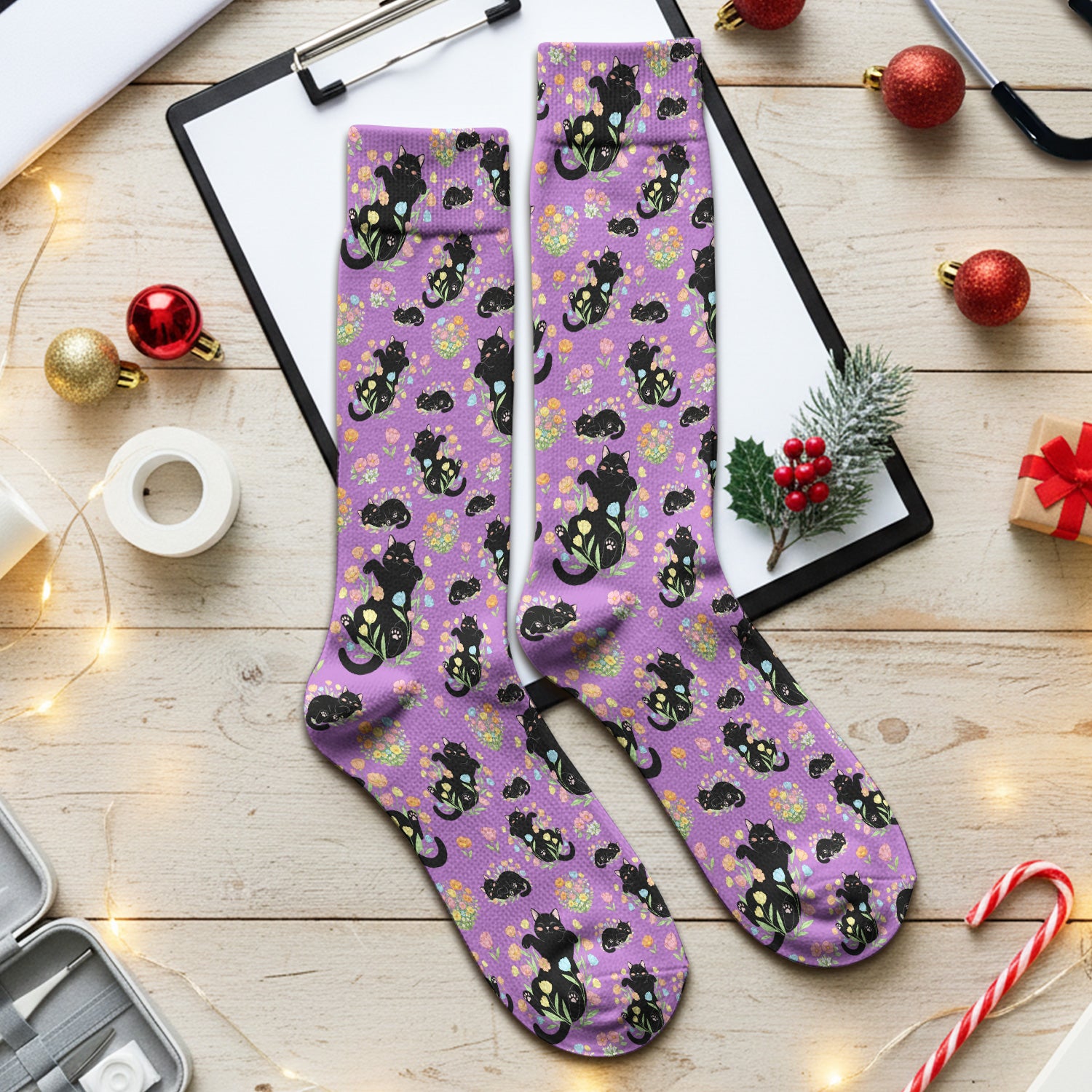 Cats With Cute Poses Floral Pattern Socks, Adult Socks for Men and Women
