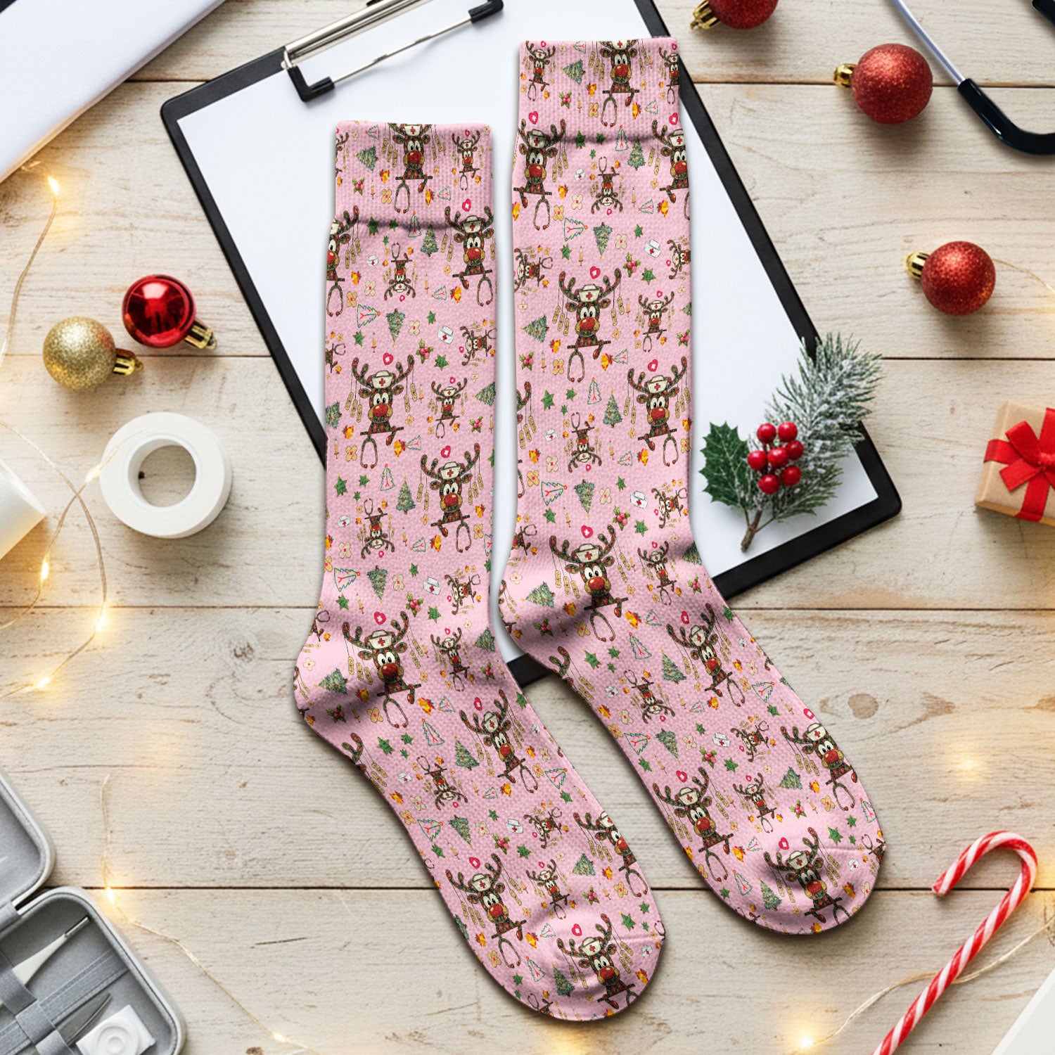 Reindeer Christmas Socks for Nurse Doctor - Funny Holiday Adult Socks for Men and Women - Breathable Fabrics Medical Uniform
