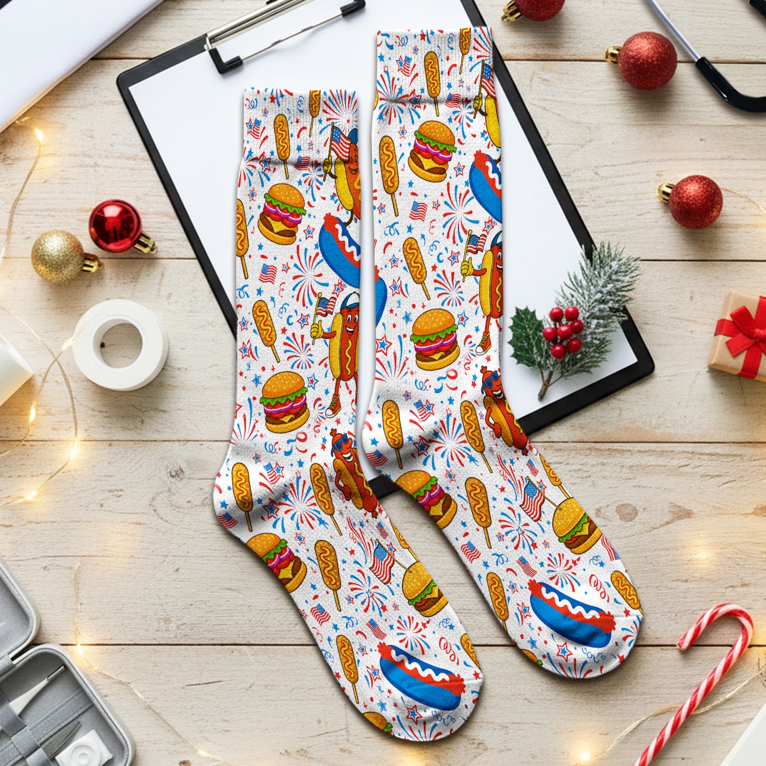 Patriotic Hot Dog Burger Fireworks Socks, Adult Socks for Men and Women