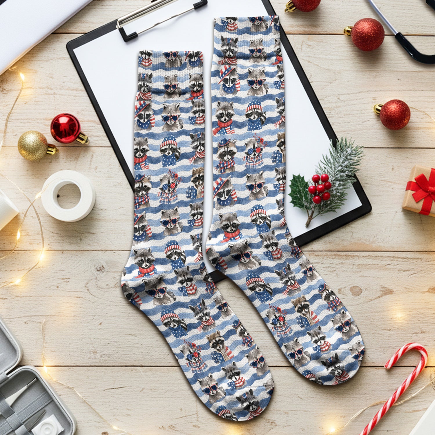 Patriotic Raccoon Watercolor Stripe Pattern Socks, Adult Socks for Men and Women