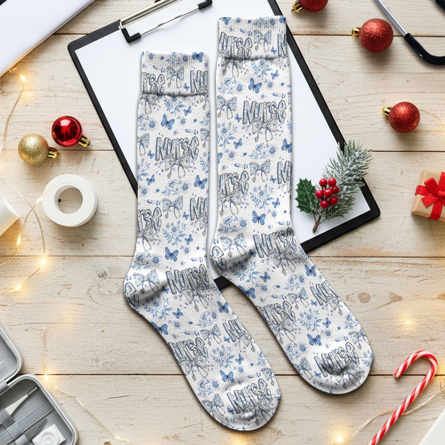 Blue Nurse Bow Floral Butterfly Pattern Socks, Breathable Fabrics Medical Uniform