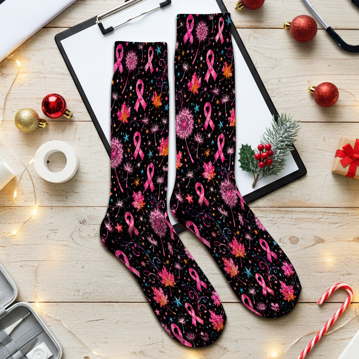 Breast Cancer Awareness Pink Ribbon Fall Socks, Adult Socks for Men and Women