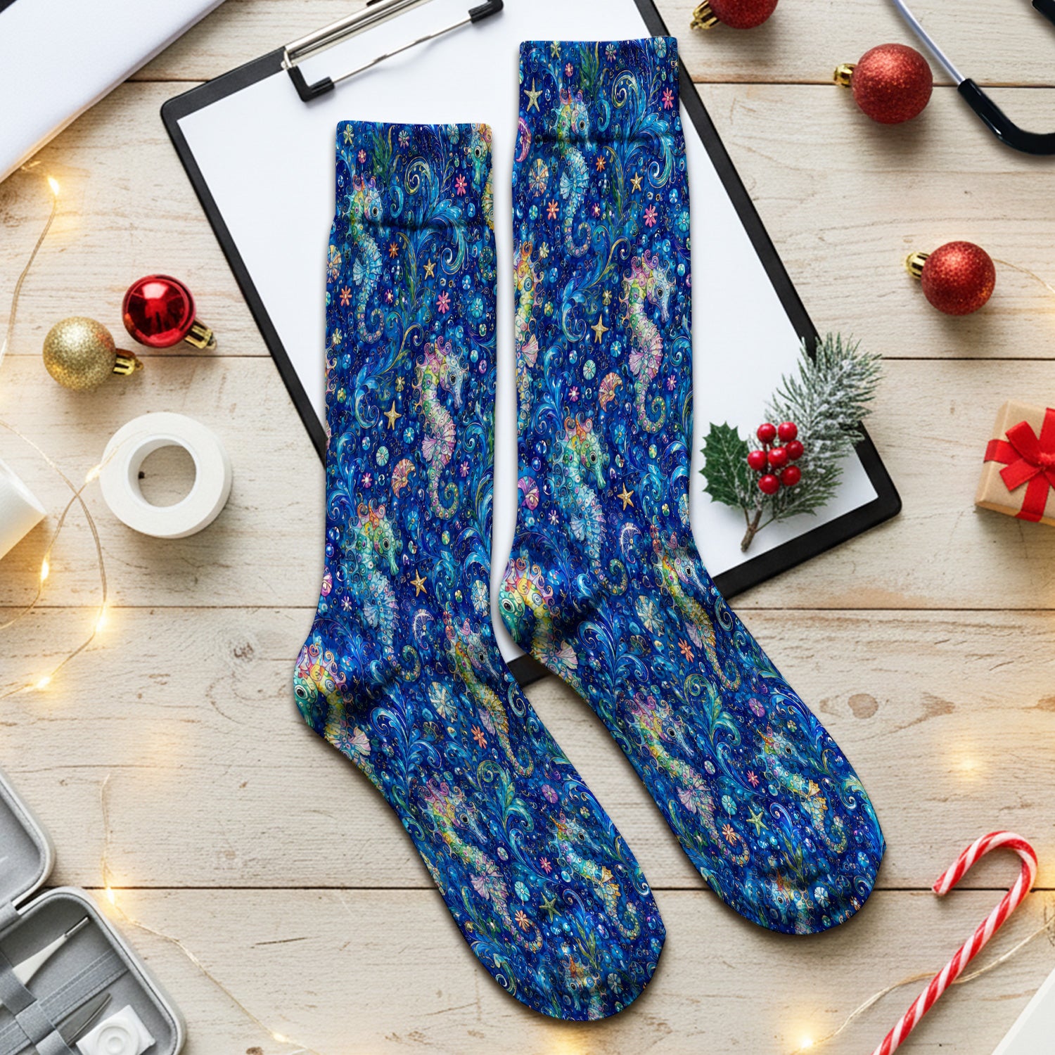 Vibrant Seahorse Ocean Swirl Pattern Socks, Adult Socks for Men and Women