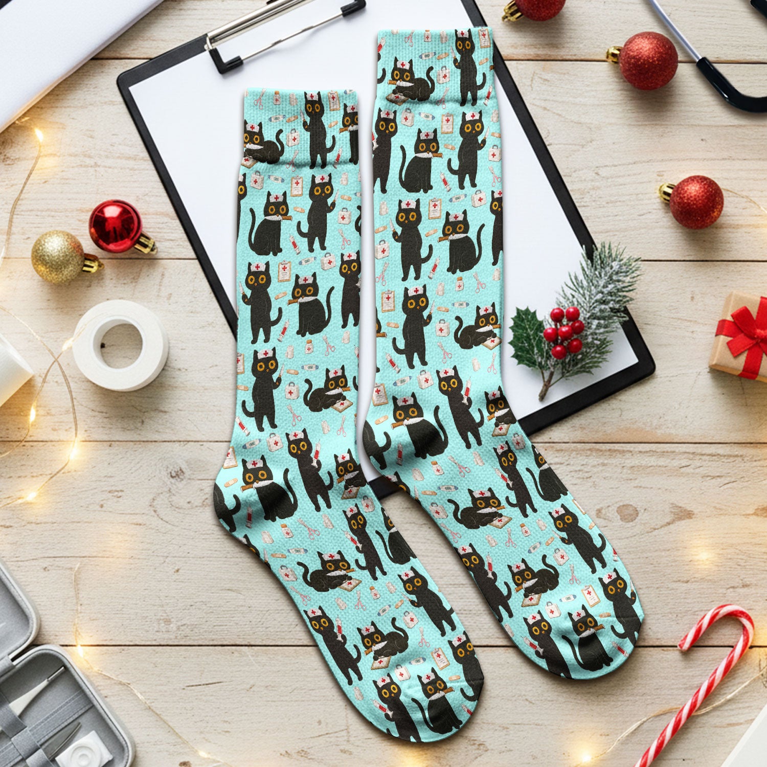 Cute Black Cat Nurse Pattern Medical Socks, Breathable Fabrics Medical Uniform