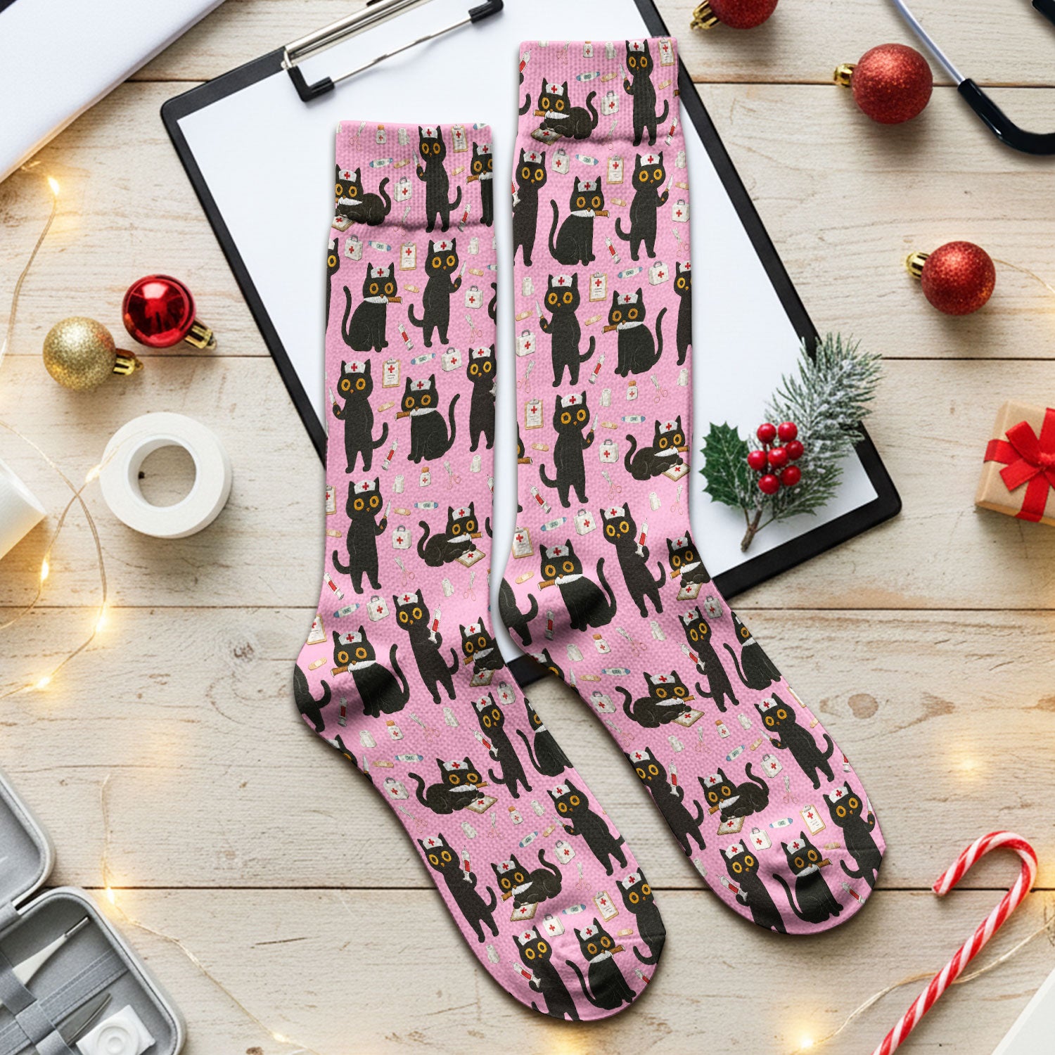 Cute Black Cat Nurse Pattern Medical Socks, Breathable Fabrics Medical Uniform