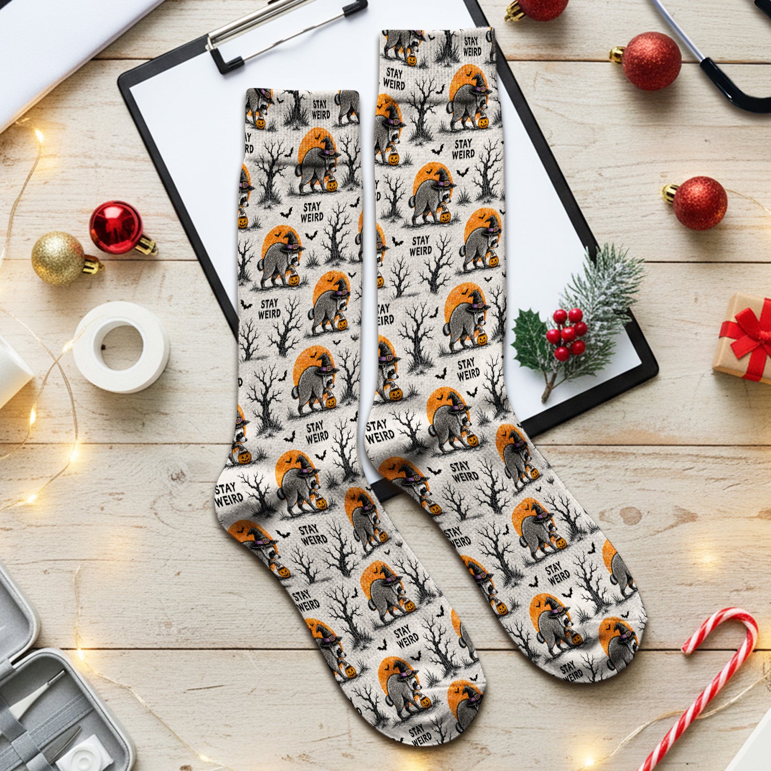 Funny Stay Weird Halloween Raccoon Socks, Adult Socks for Men and Women