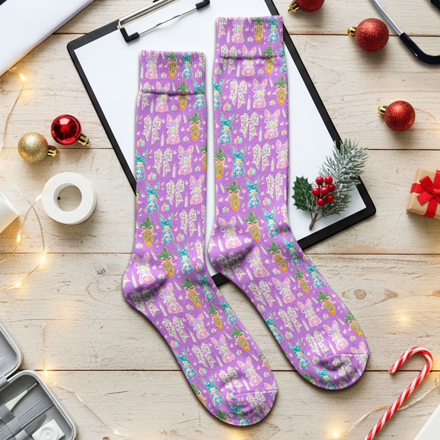Easter Bunny Carrot Bow Floral Print Socks, Breathable Fabrics Medical Uniform