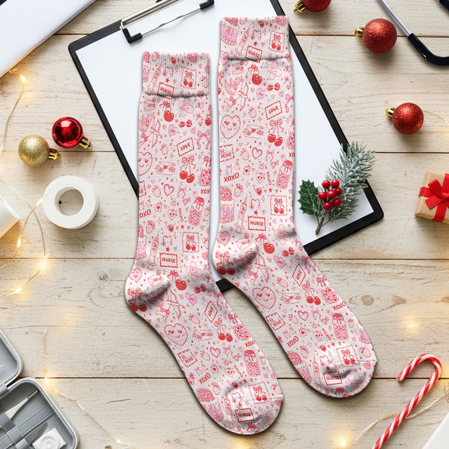 Valentine Pink XOXO Pattern Nurse Scrub Socks, Comfortable Uniform Scrubs For Nursing