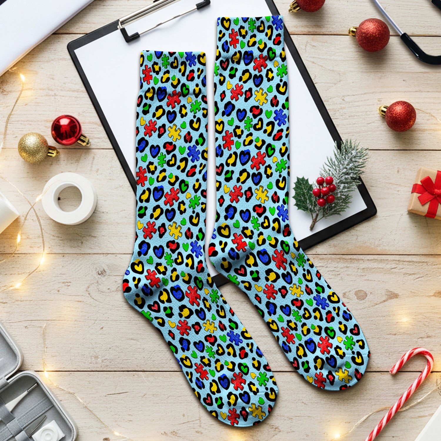 Colorful Puzzle Heart Print Crew Socks, Unisex Casual Socks