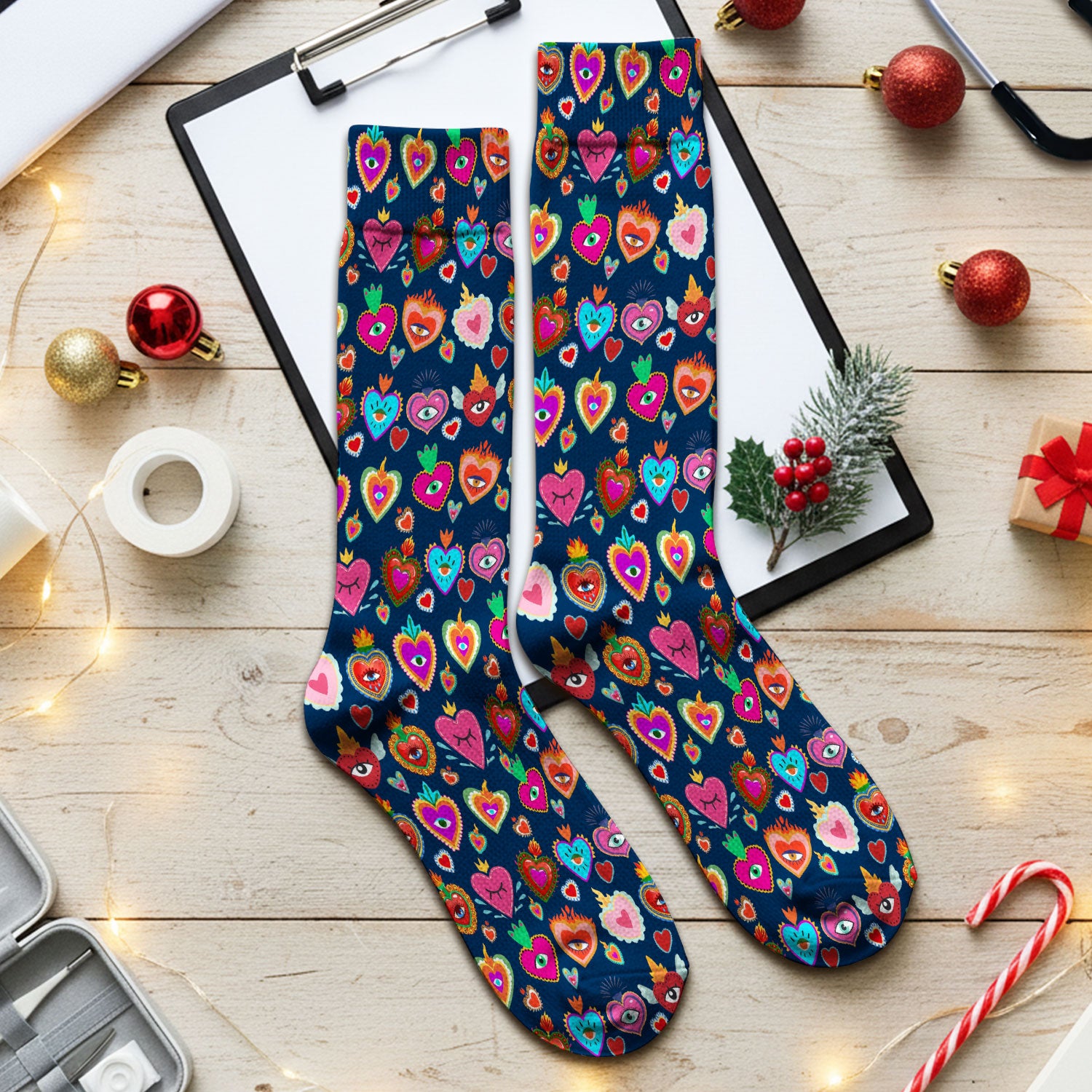Valentine Colorful Sacred Heart Print Medical Socks, Breathable Fabrics Medical Uniform