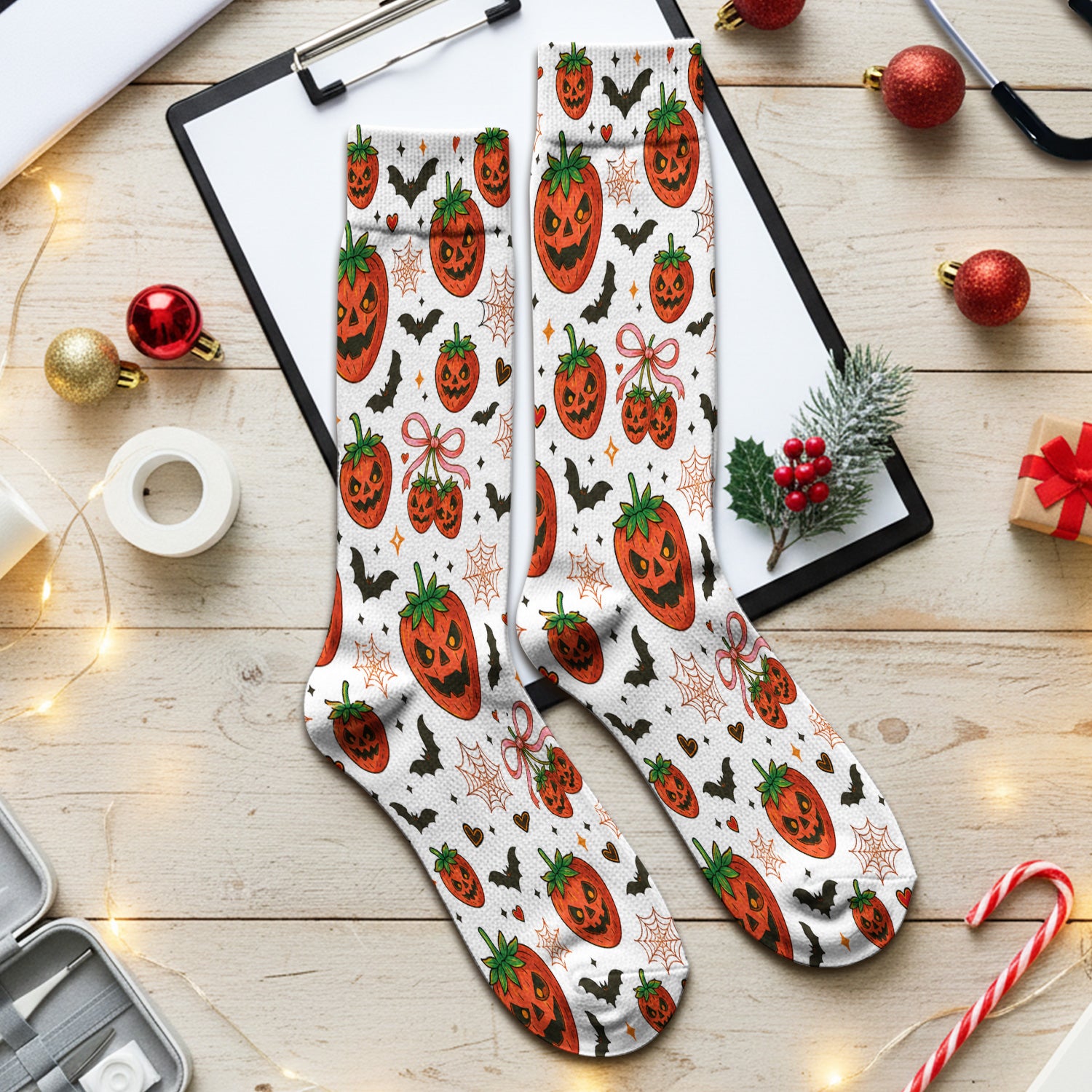Sweet Halloween Strawberry Jack O Lanterns Socks, Adult Socks for Men and Women