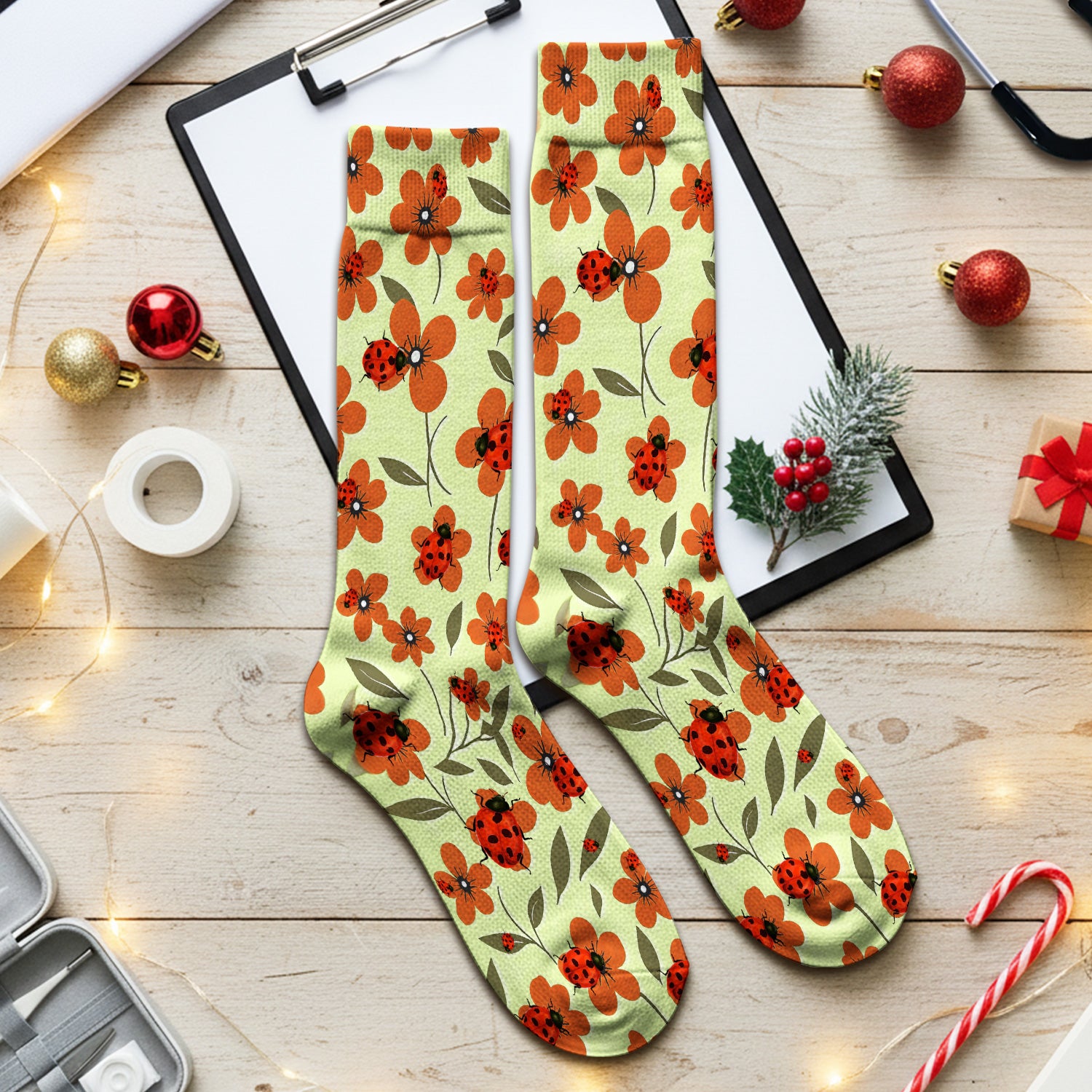 Ladybug on Orange Floral Garden Pattern Socks, Breathable Fabrics Medical Uniform