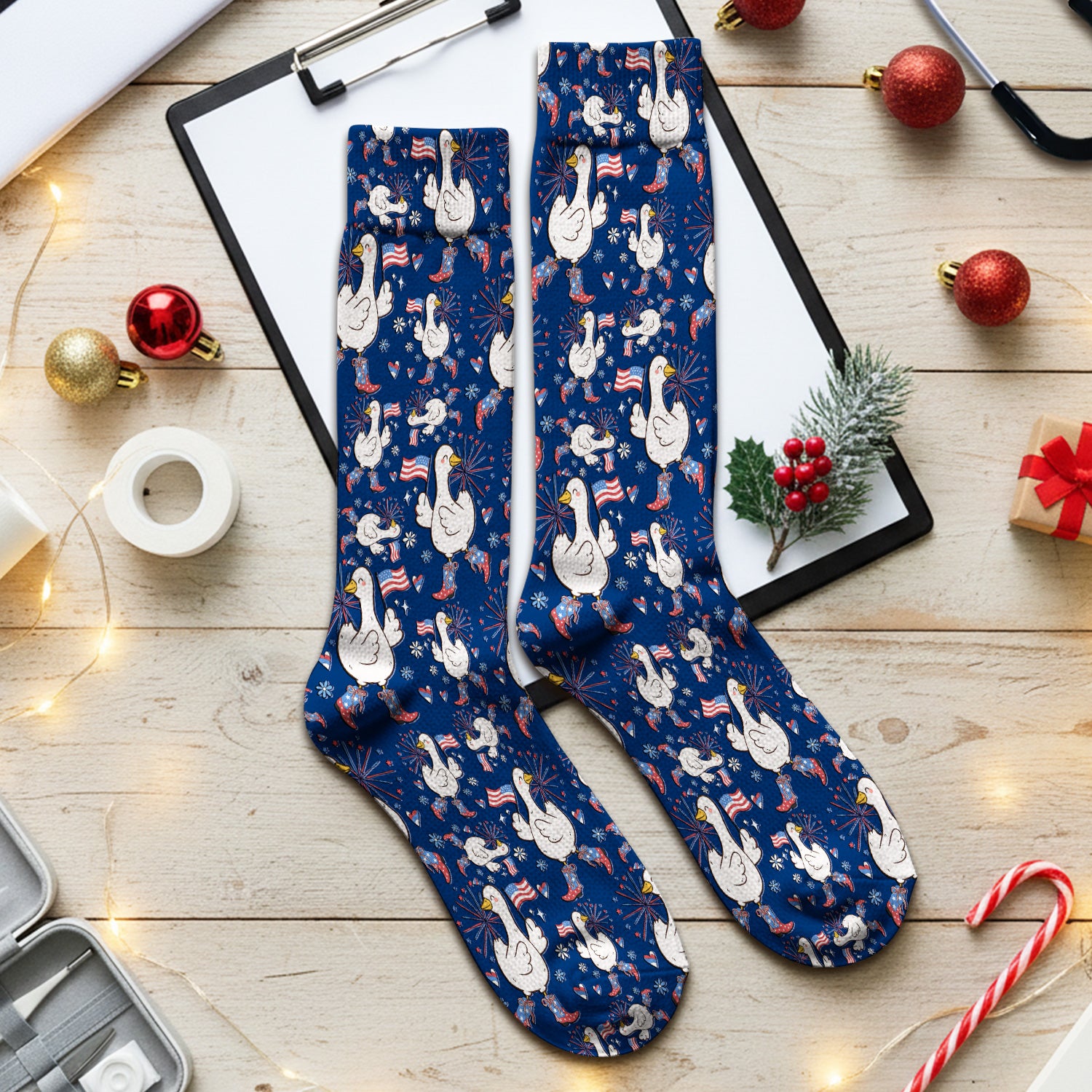 Patriotic Goose With USA Flag Fireworks Socks, Breathable Fabrics Medical Uniform
