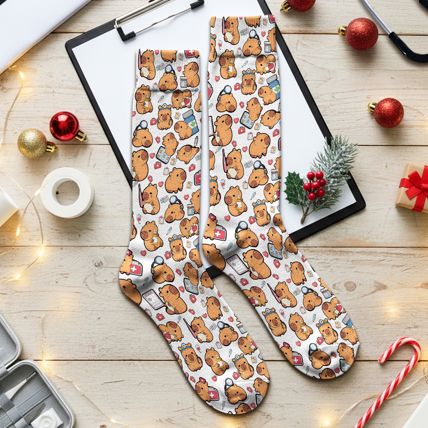 Capybara With Stethoscope And Medical Tools Seamless Socks, Breathable Fabrics Medical Uniform