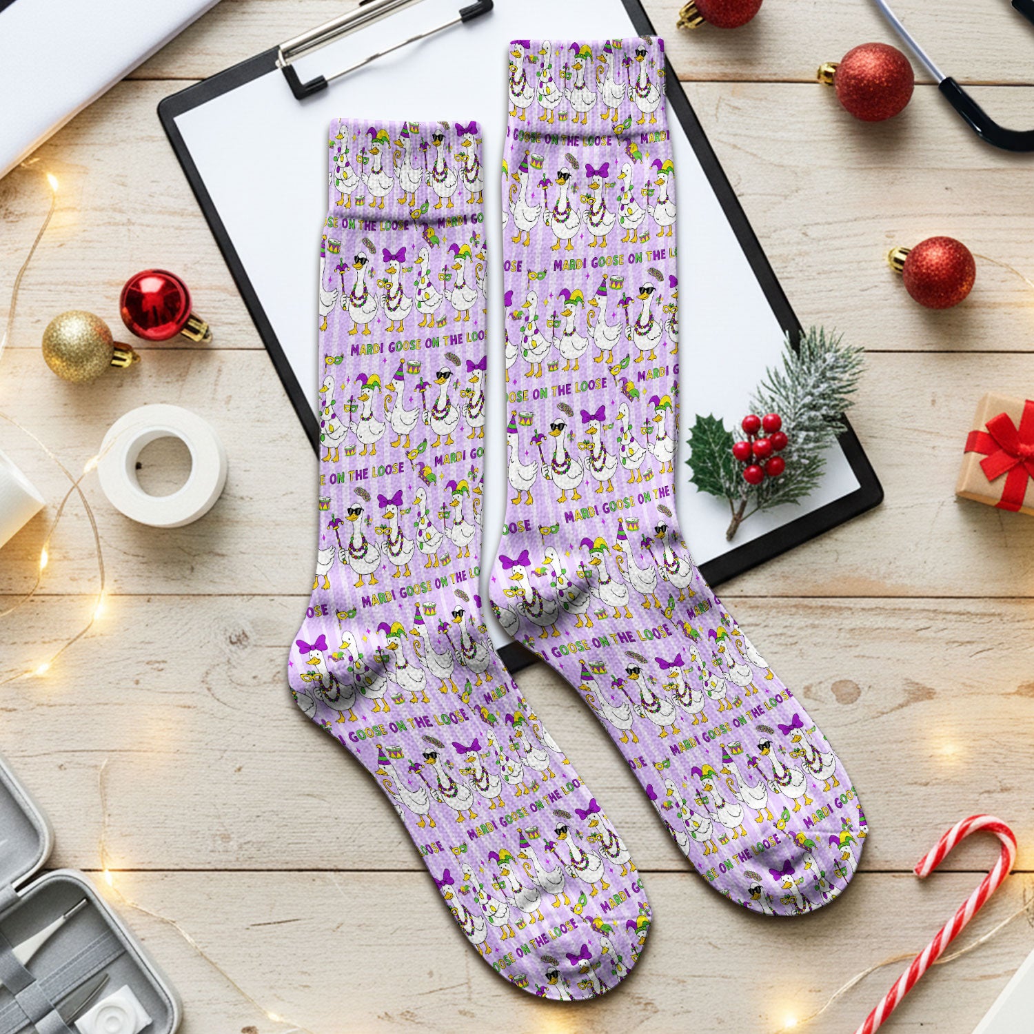 Mardi Gras Goose Nurse Scrub Socks, Funny Carnival Medical Pattern Nurse Sock, Breathable Fabrics Nursing Uniform