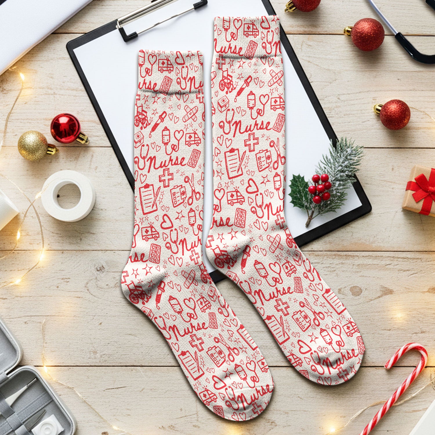 Cute Nurse Heart Medical Pattern Socks, Breathable Fabrics Medical Uniform