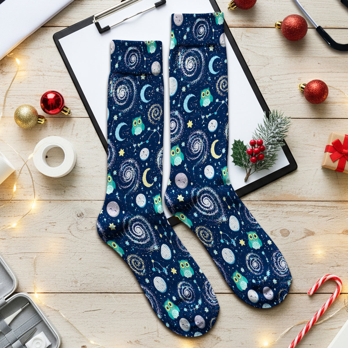 Cute Night Owl Galaxy Pattern Socks, Adult Socks for Men and Women