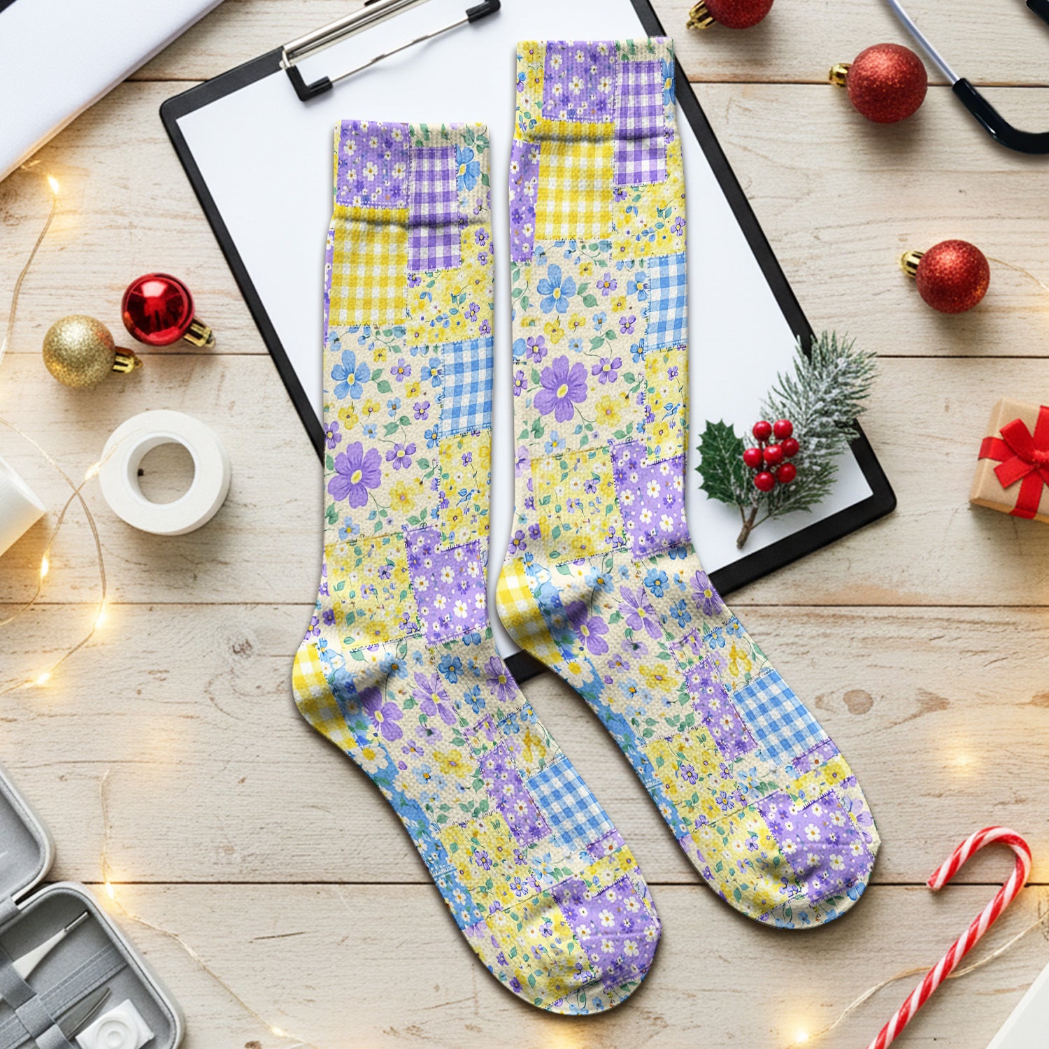 Cute Floral Patchwork Gingham Pattern Socks, Socks for Nurse Doctor