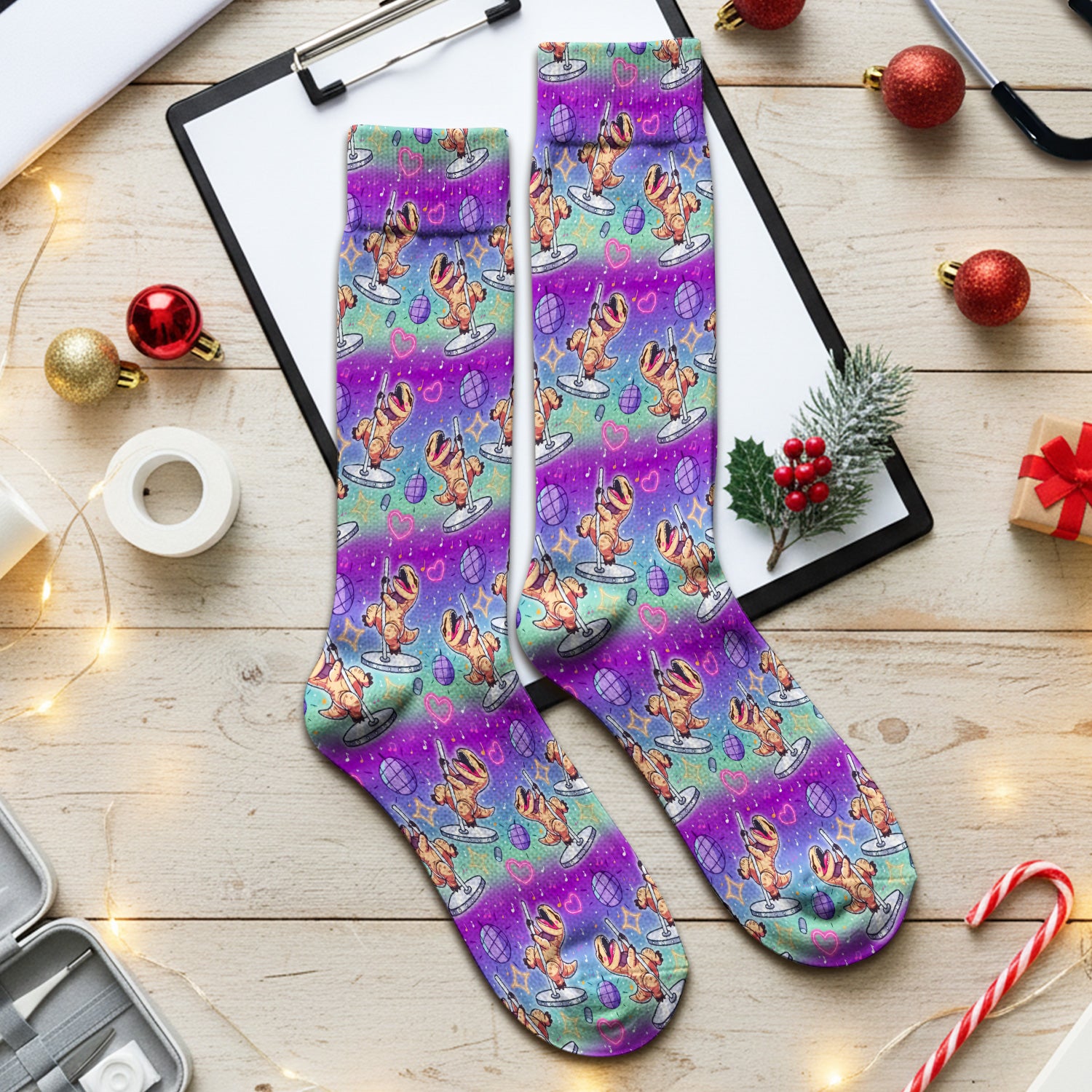 Funny Dancing Dinosaur Disco Party Pattern Nurse Socks, Adult Socks for Men and Women