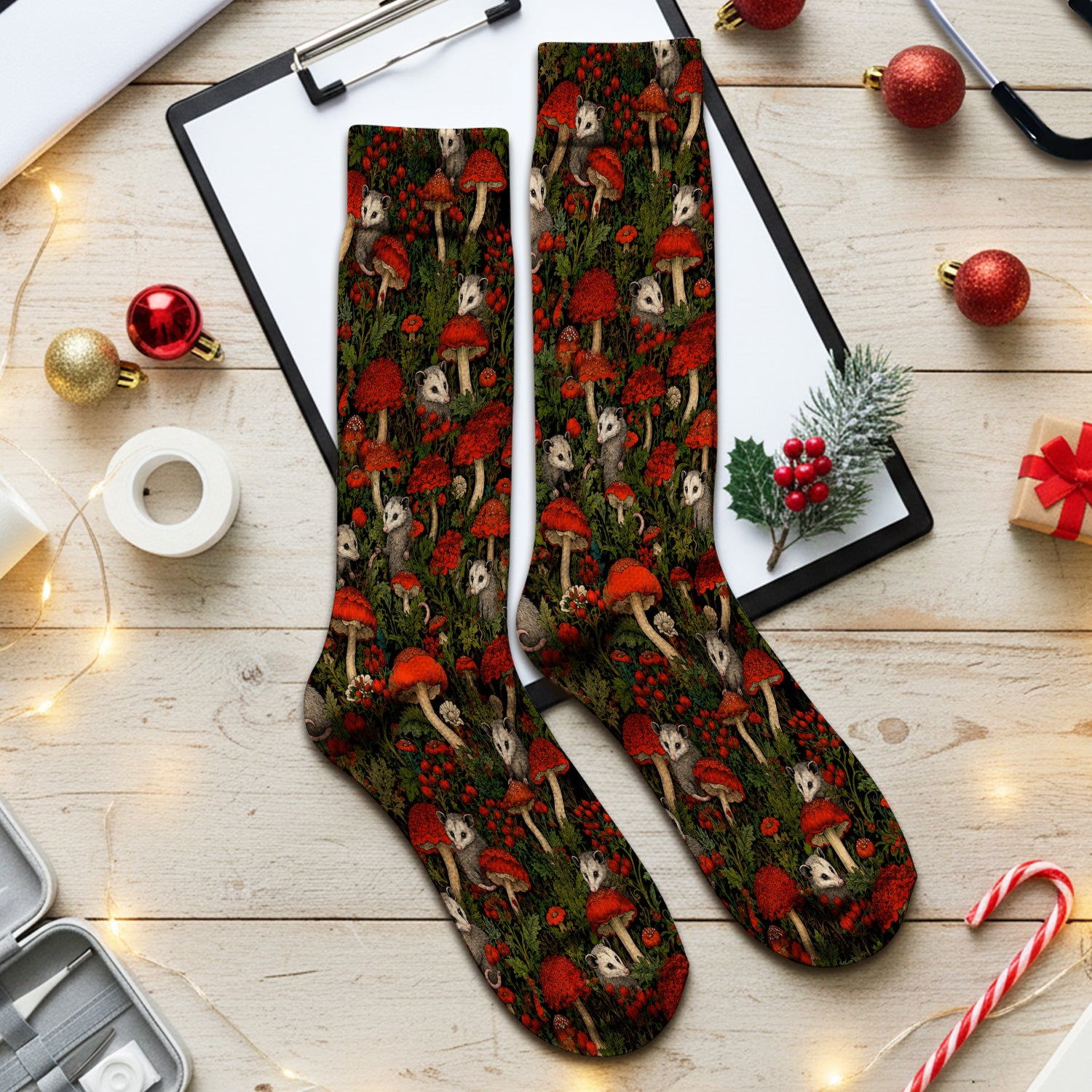Woodland Opossum Red Mushroom Pattern Socks, Adult Socks for Men and Women