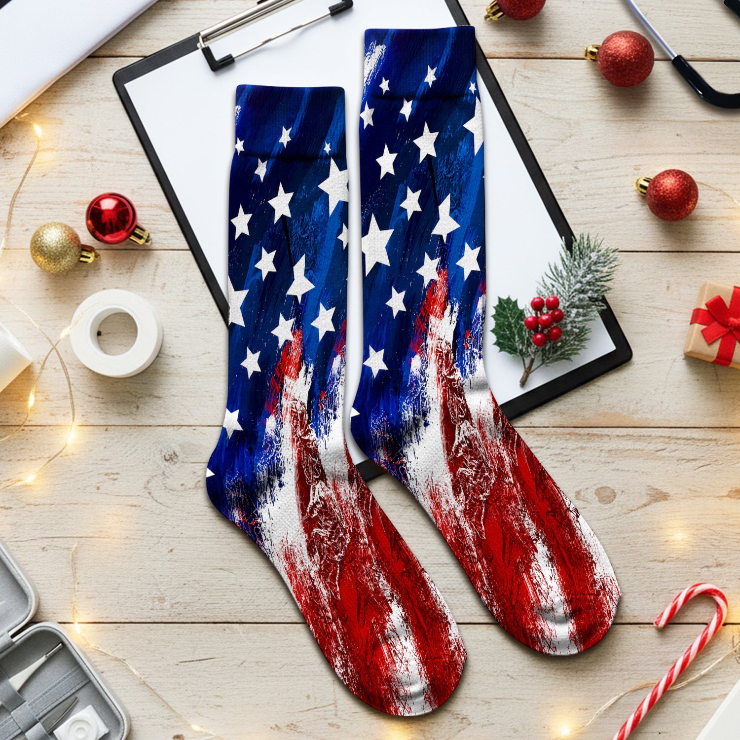 Patriotic American Flag Nurse Scrub Top for RN, CNA, Healthcare Workers, USA Medical Uniform Socks, Adult Socks for Men and Women